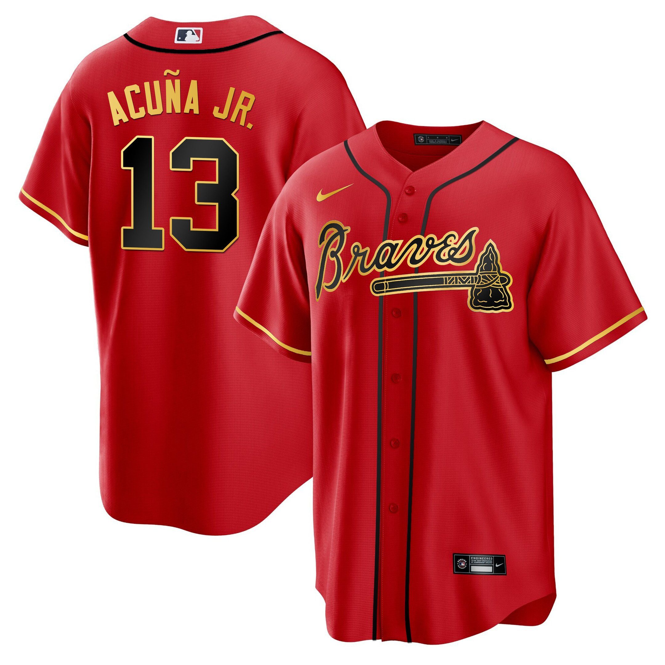 Ronald Acuna Jr. Men's Atlanta Braves Gold Trim Cool Red Jersey - All Stitched