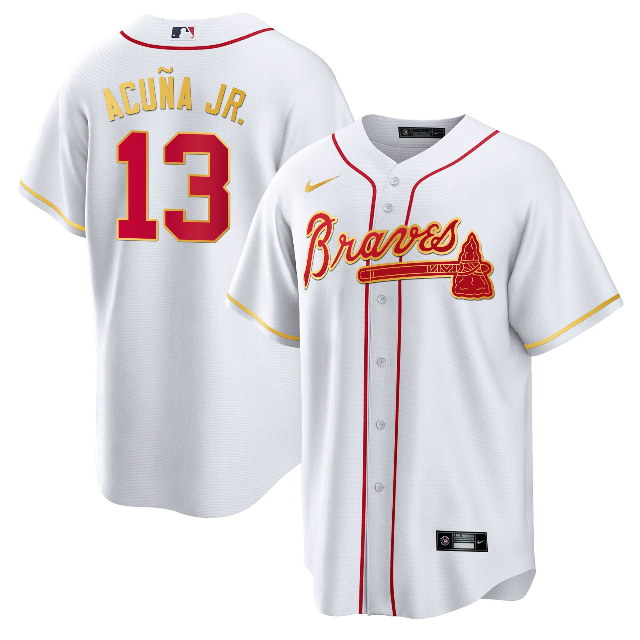 Ronald Acuna Jr. Men's Atlanta Braves Gold Trim Cool White Jersey - All Stitched