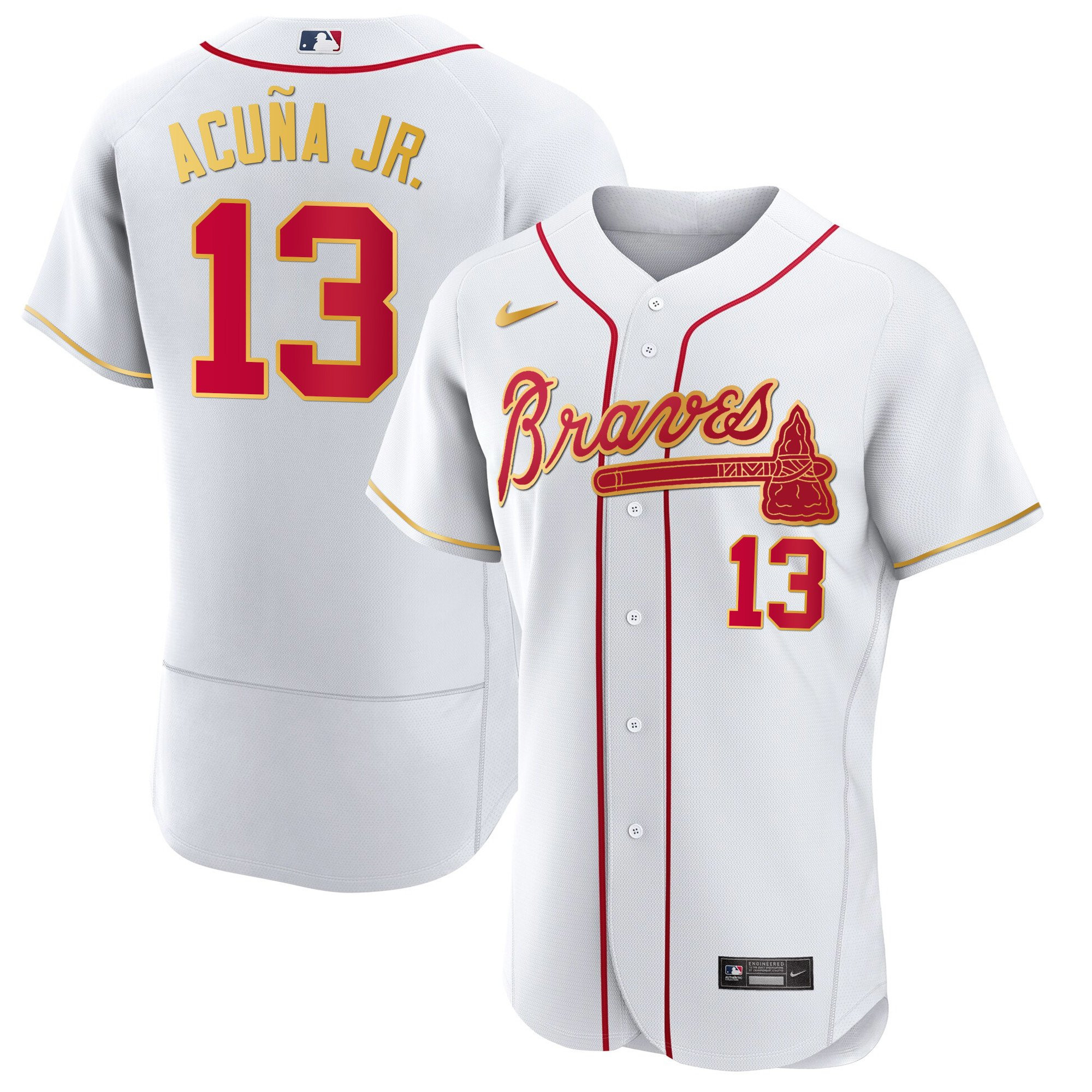 Ronald Acuna Jr. Men's Atlanta Braves Gold Trim Flex White Jersey - All Stitched