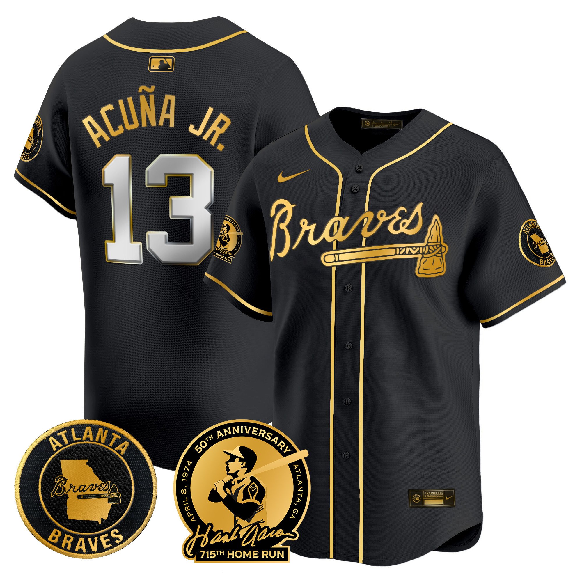 Ronald Acuna Jr. Men's Atlanta Braves Hank Aaron 715th Home Run Patch Vapor Premier Limited Black Gold Jersey - All Stitched