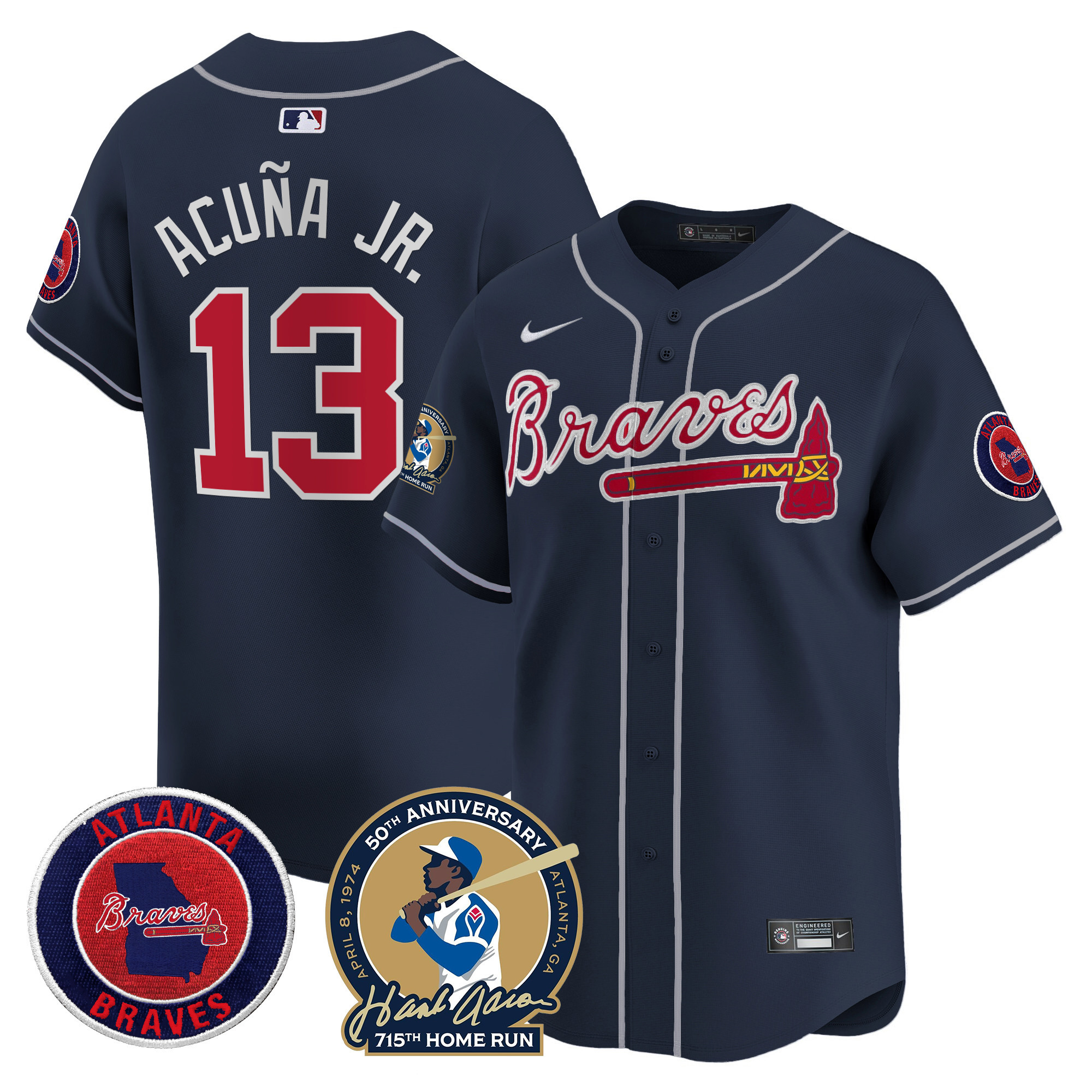 Ronald Acuna Jr. Men's Atlanta Braves Hank Aaron 715th Home Run Patch Vapor Premier Limited Navy Jersey - All Stitched