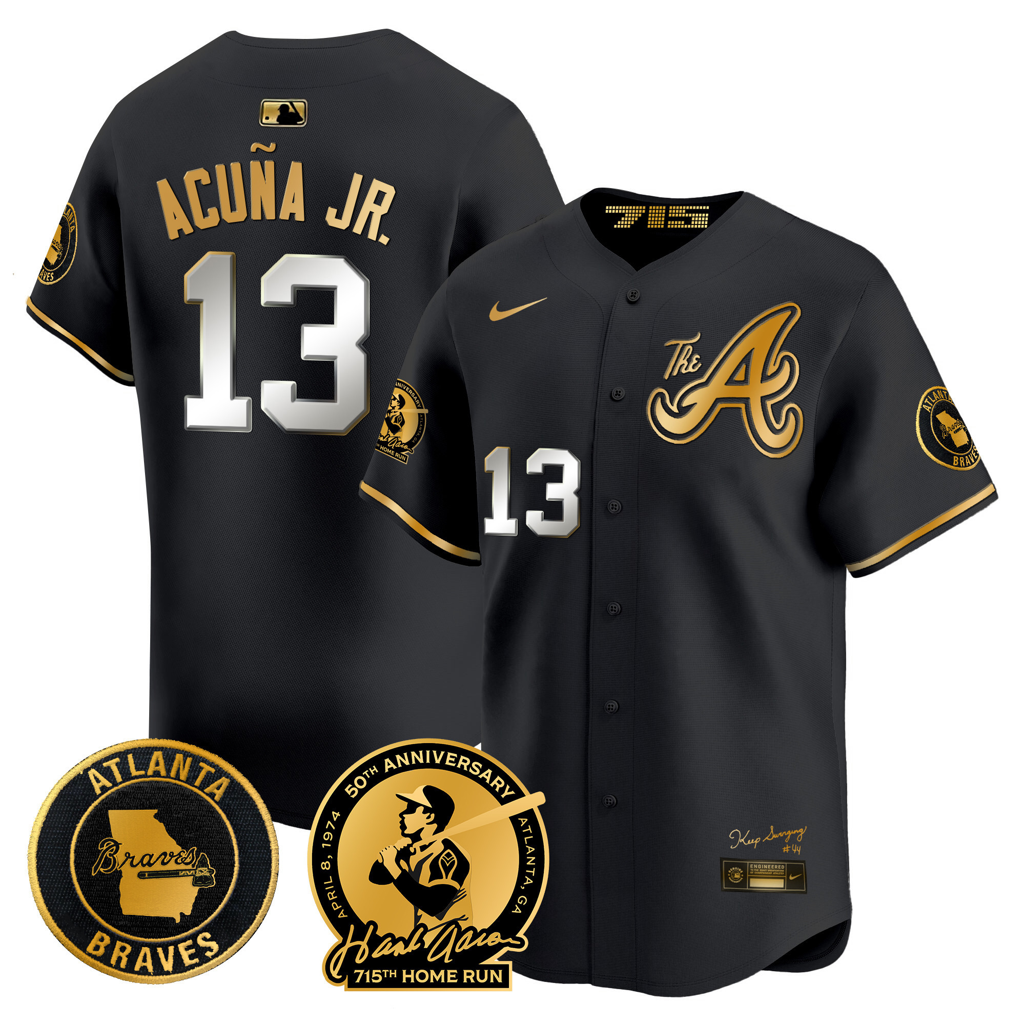 Ronald Acuna Jr. Men's Atlanta Braves Hank Aaron 715th Home Run Patch Vapor Premier Limited V2 Black Gold Jersey - All Stitched