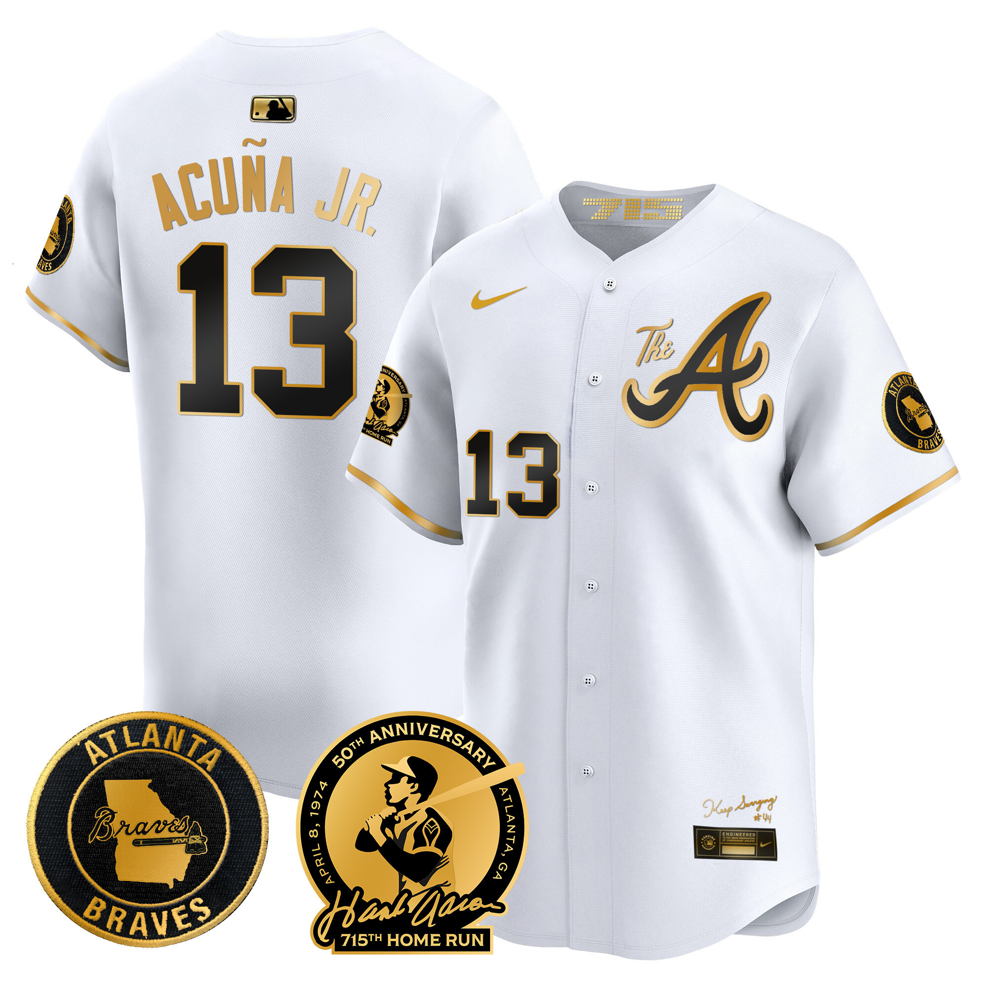 Ronald Acuna Jr. Men's Atlanta Braves Hank Aaron 715th Home Run Patch Vapor Premier Limited V2 White Gold Jersey - All Stitched