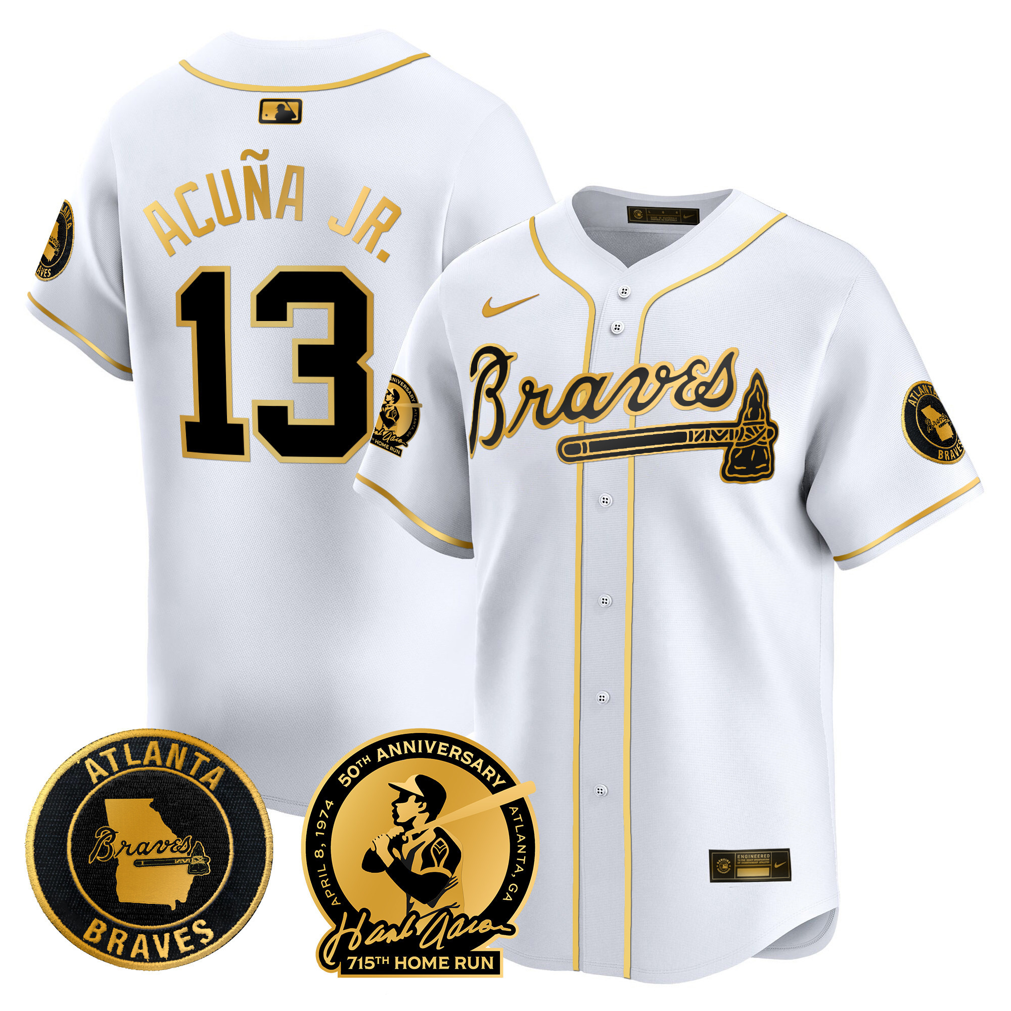 Ronald Acuna Jr. Men's Atlanta Braves Hank Aaron 715th Home Run Patch Vapor Premier Limited White Gold Jersey - All Stitched