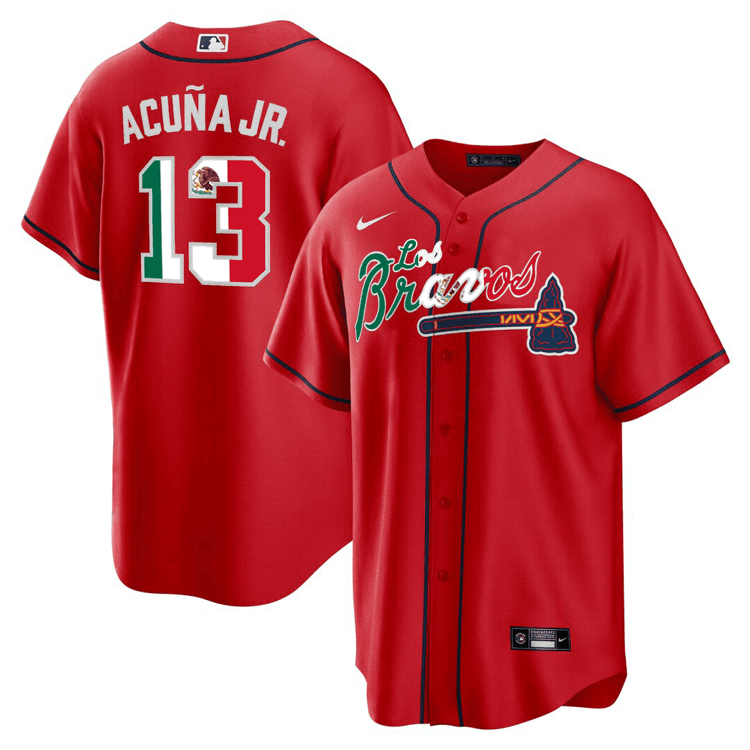 Ronald Acuna Jr. Men's Atlanta Braves Los Bravos Special Mexico Edition Red  Jersey - All Stitched
