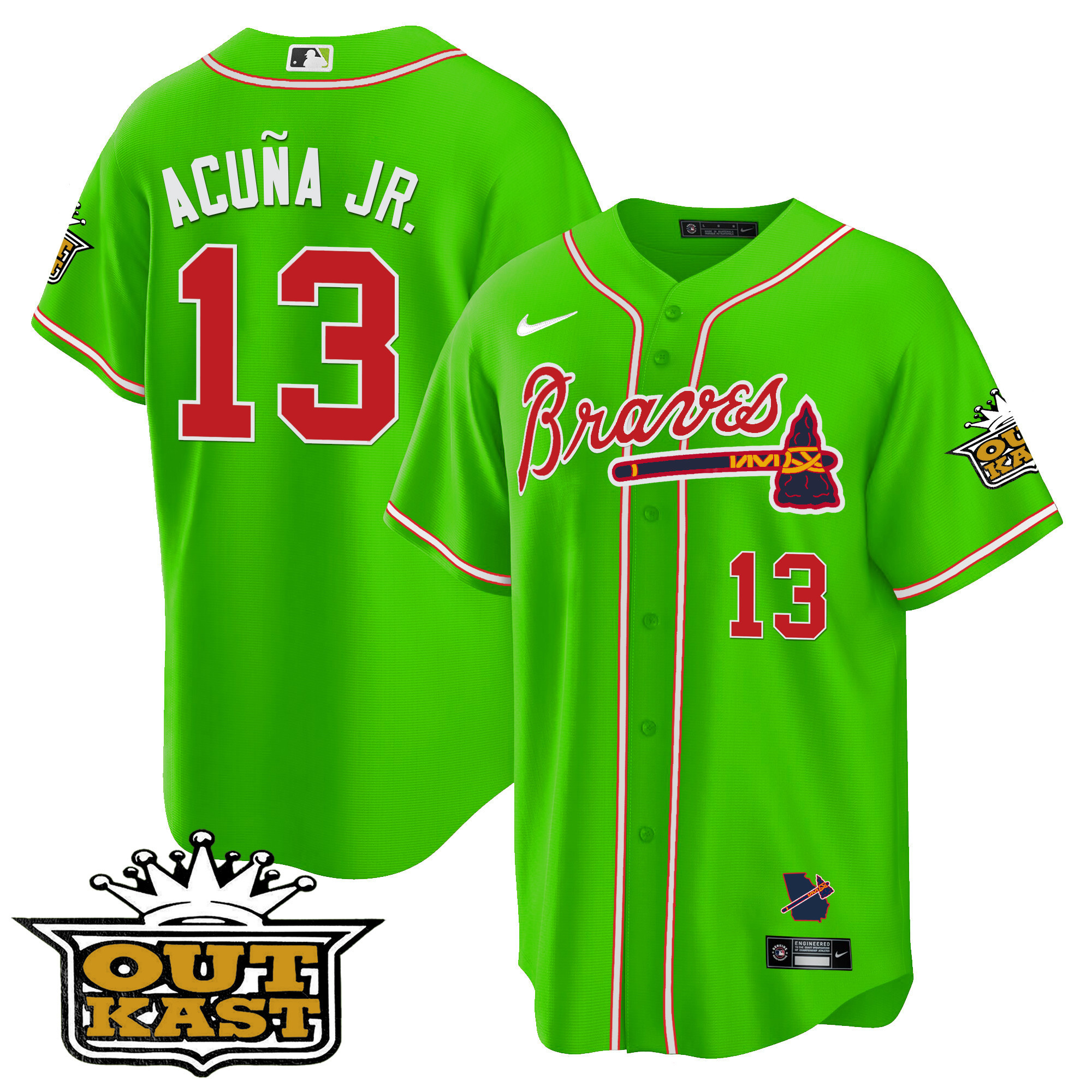 Ronald Acuna Jr. Men's Atlanta Braves Outkast Cool Base V2 Bright Green Jersey - All Stitched