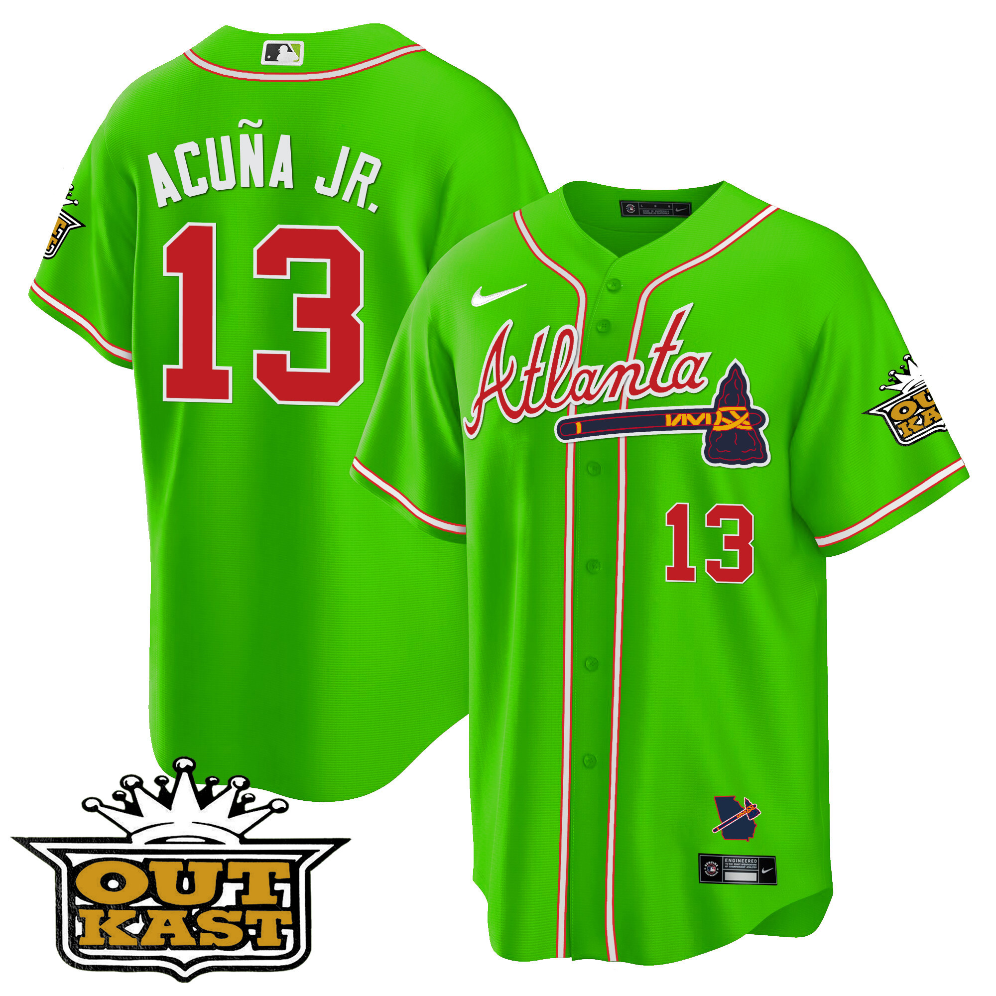 Ronald Acuna Jr. Men's Atlanta Braves Outkast Cool Base V3 Bright Green Jersey - All Stitched