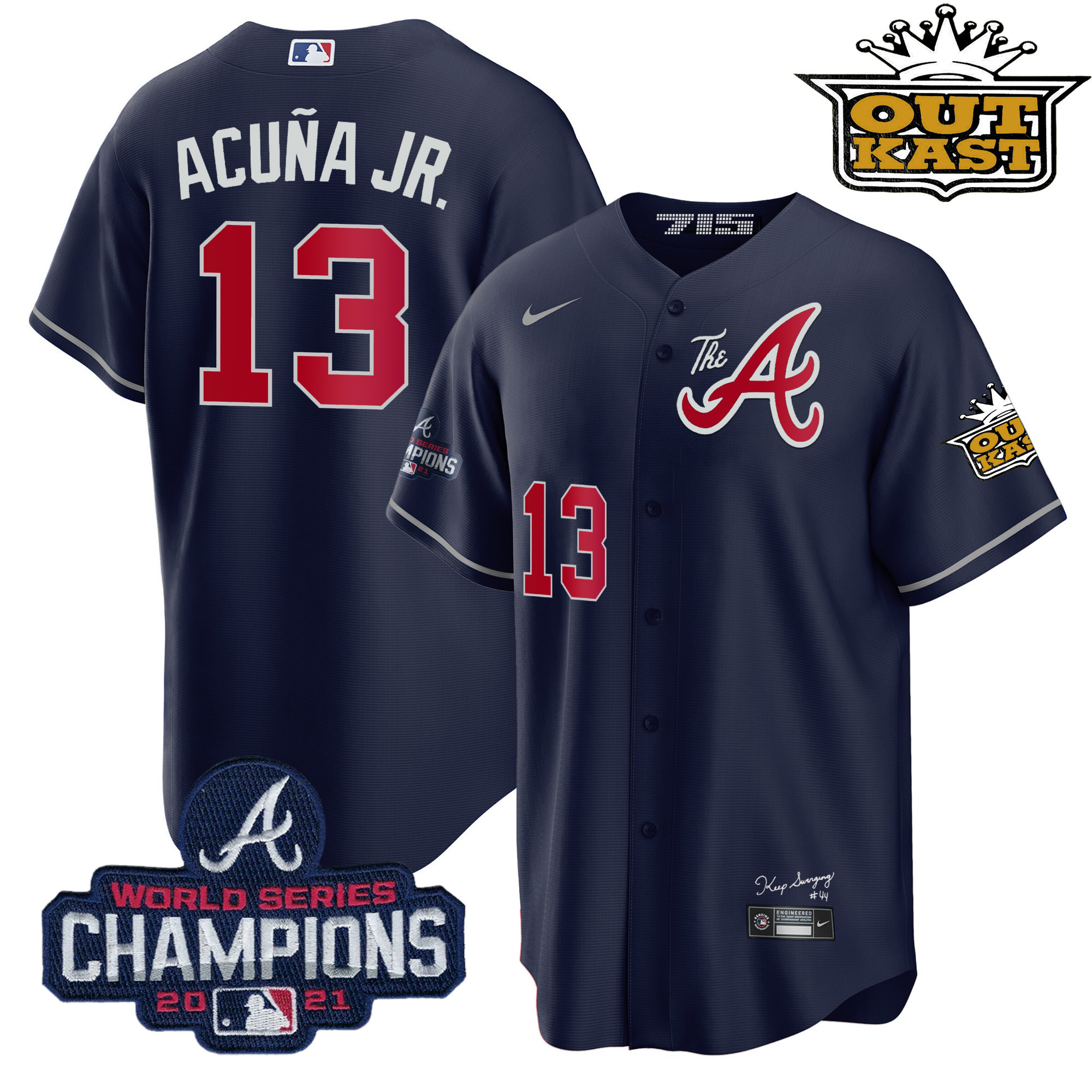 Ronald Acuna Jr. Men's Atlanta Braves Outkast Gold The A Cool Base Navy Jersey - All Stitched