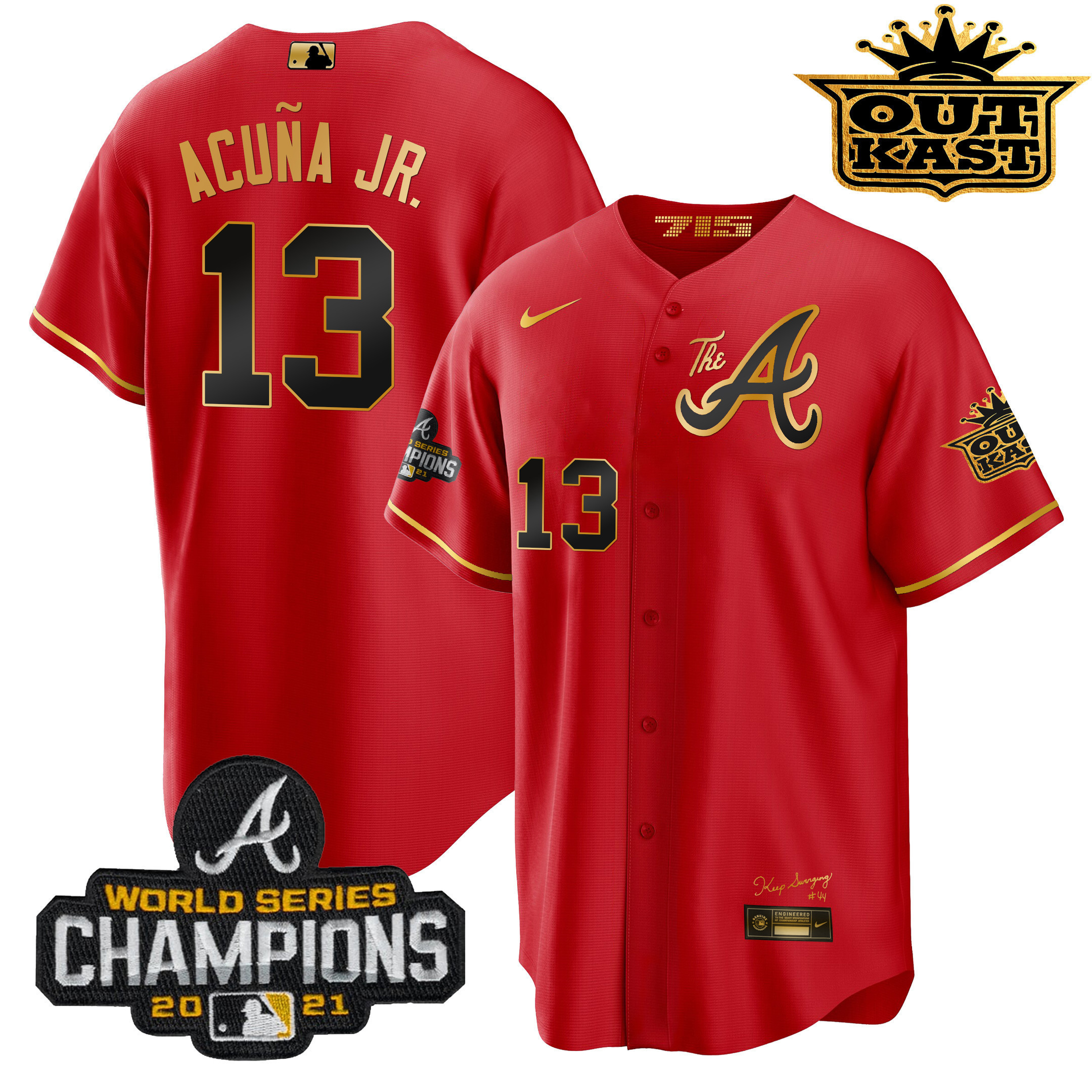 Ronald Acuna Jr. Men's Atlanta Braves Outkast Gold The A Cool Base Red Gold Jersey - All Stitched