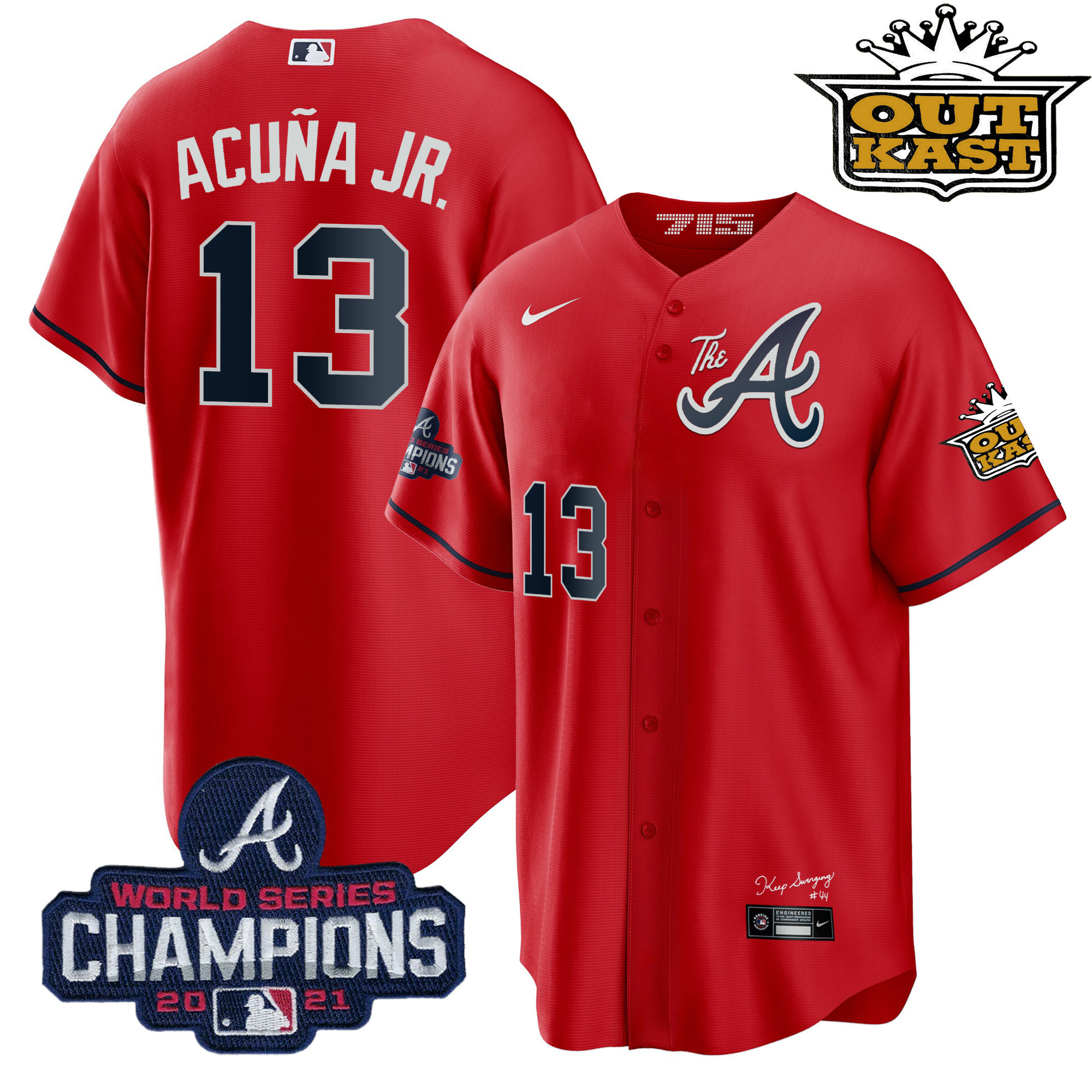 Ronald Acuna Jr. Men's Atlanta Braves Outkast Gold The A Cool Base Red Jersey - All Stitched