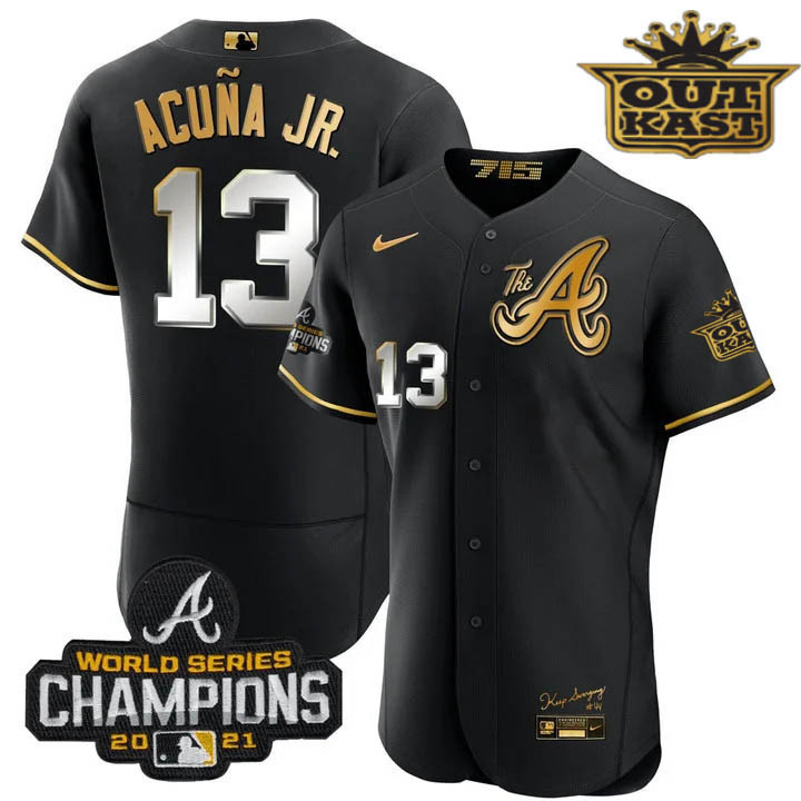 Ronald Acuna Jr. Men's Atlanta Braves Outkast Gold The A Flex Base Black Gold Jersey - All Stitched