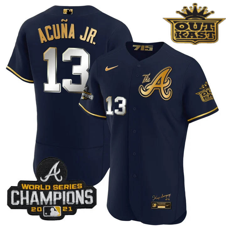 Ronald Acuna Jr. Men's Atlanta Braves Outkast Gold The A Flex Base Navy Gold Jersey - All Stitched