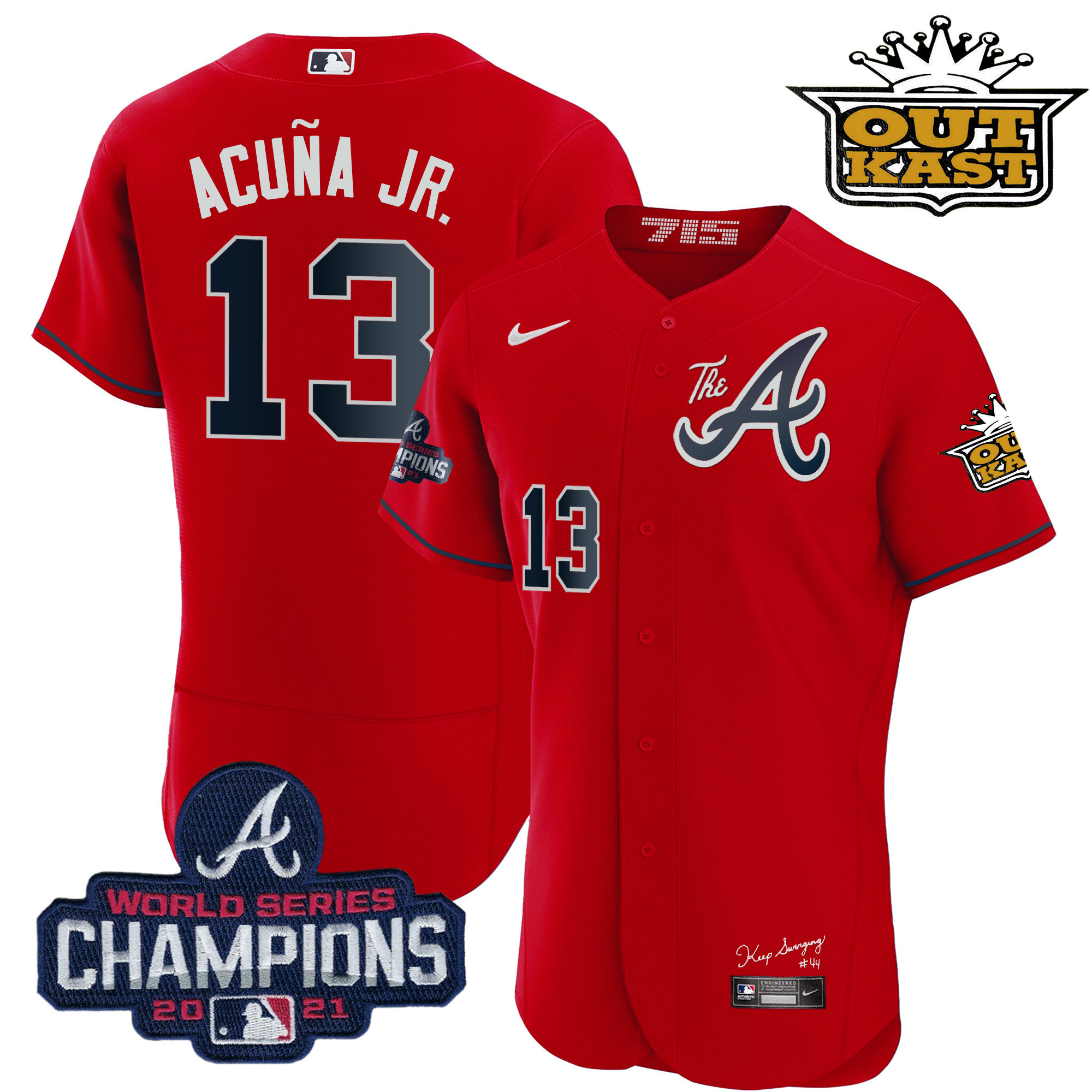 Ronald Acuna Jr. Men's Atlanta Braves Outkast Gold The A Flex Base Red Jersey - All Stitched