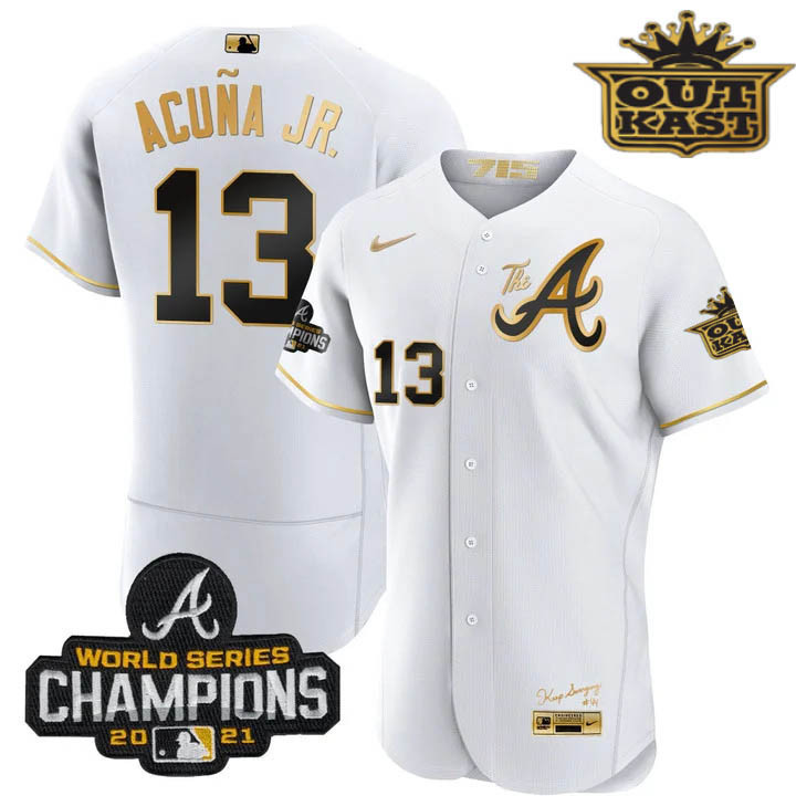 Ronald Acuna Jr. Men's Atlanta Braves Outkast Gold The A Flex Base White Gold Jersey - All Stitched