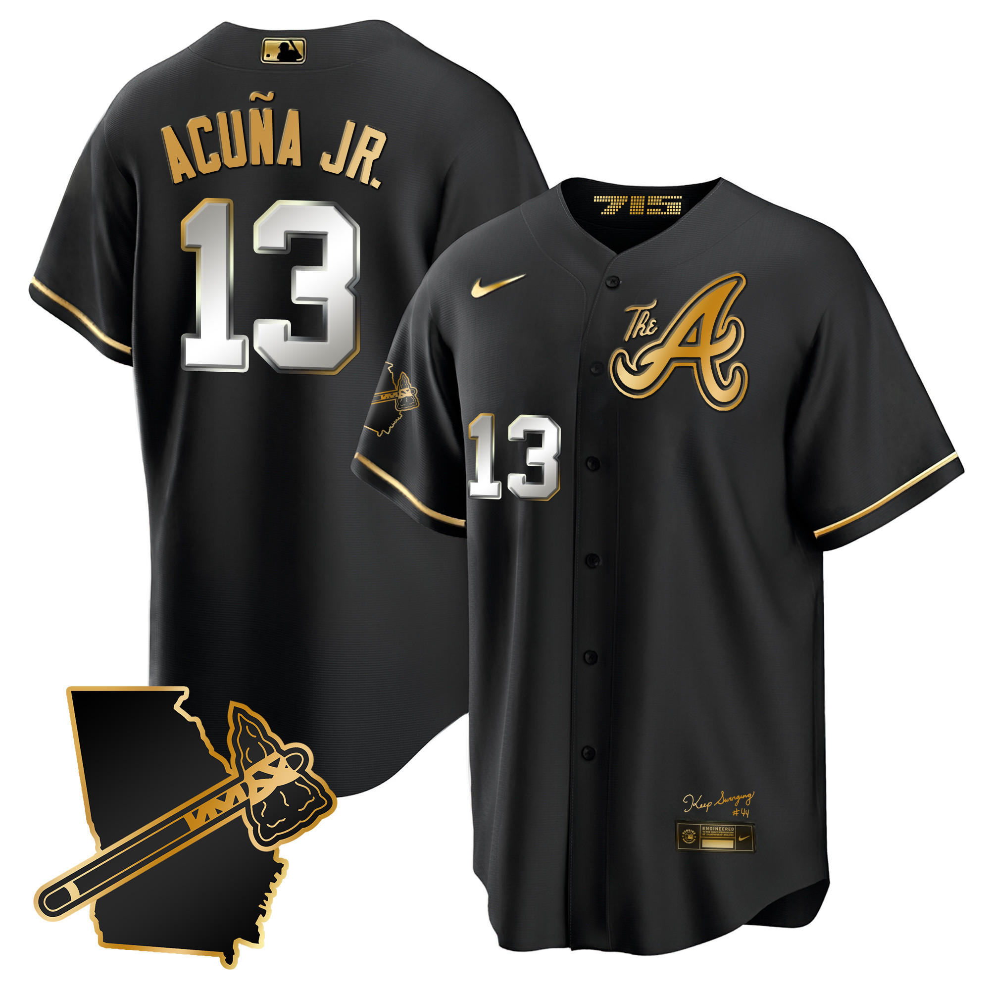 Ronald Acuna Jr. Men's Atlanta Braves The A Gold Cool Base - Georgia Patch Black Gold Jersey - All Stitched