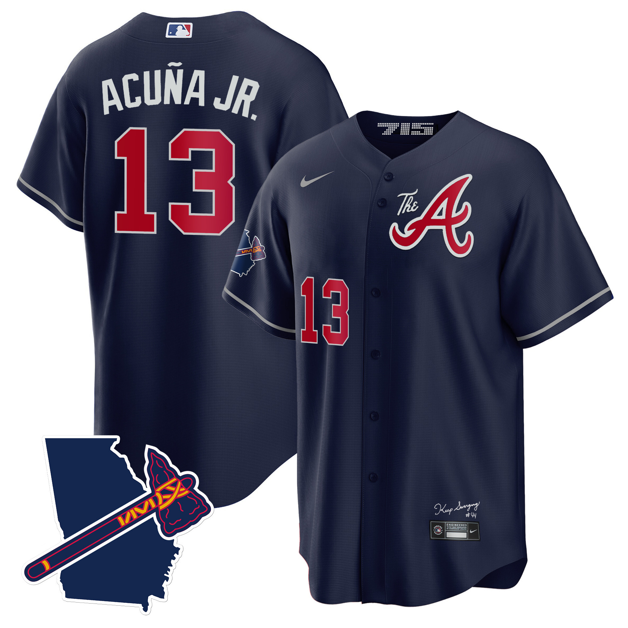 Ronald Acuna Jr. Men's Atlanta Braves The A Gold Cool Base - Georgia Patch Navy Jersey - All Stitched