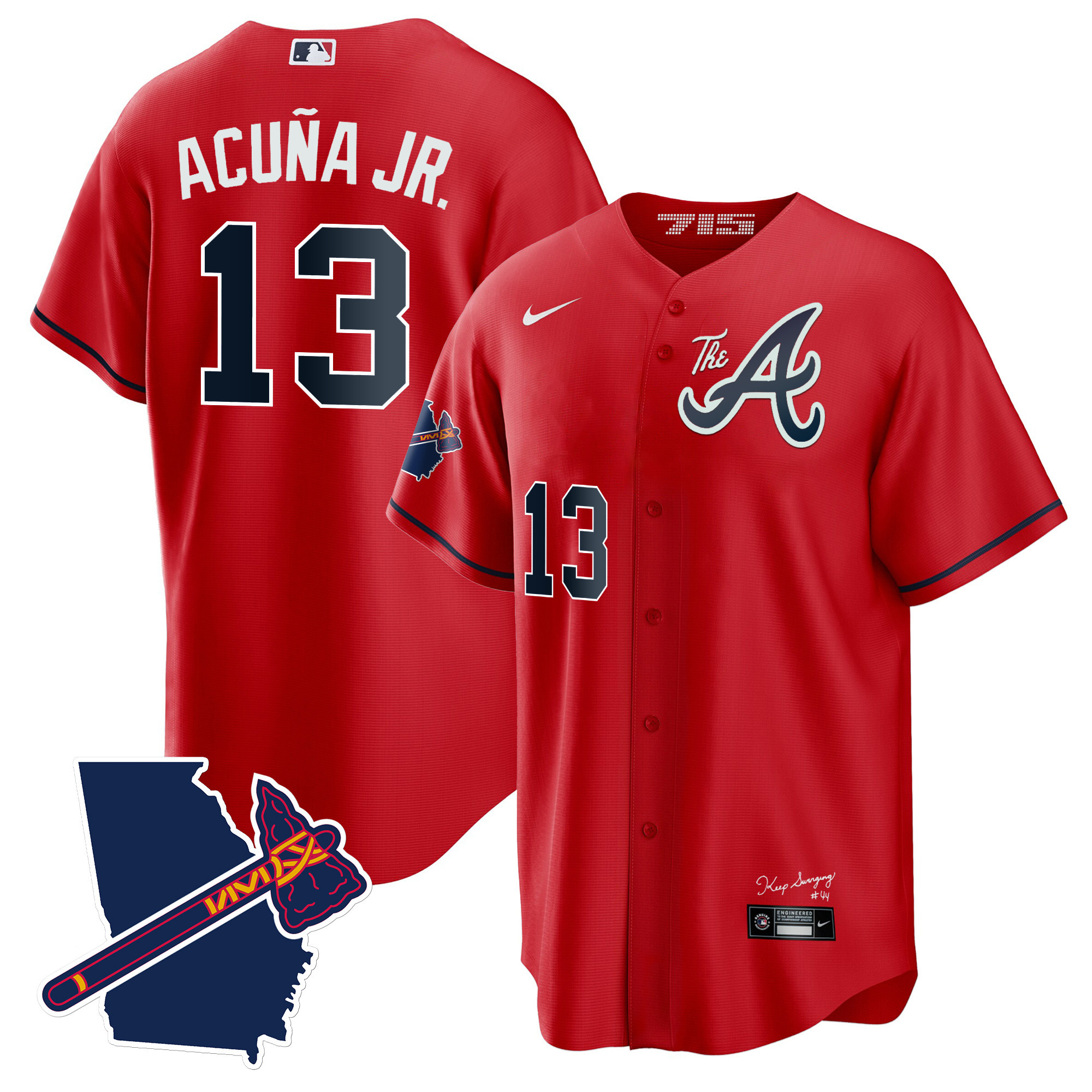 Ronald Acuna Jr. Men's Atlanta Braves The A Gold Cool Base - Georgia Patch Red Jersey - All Stitched