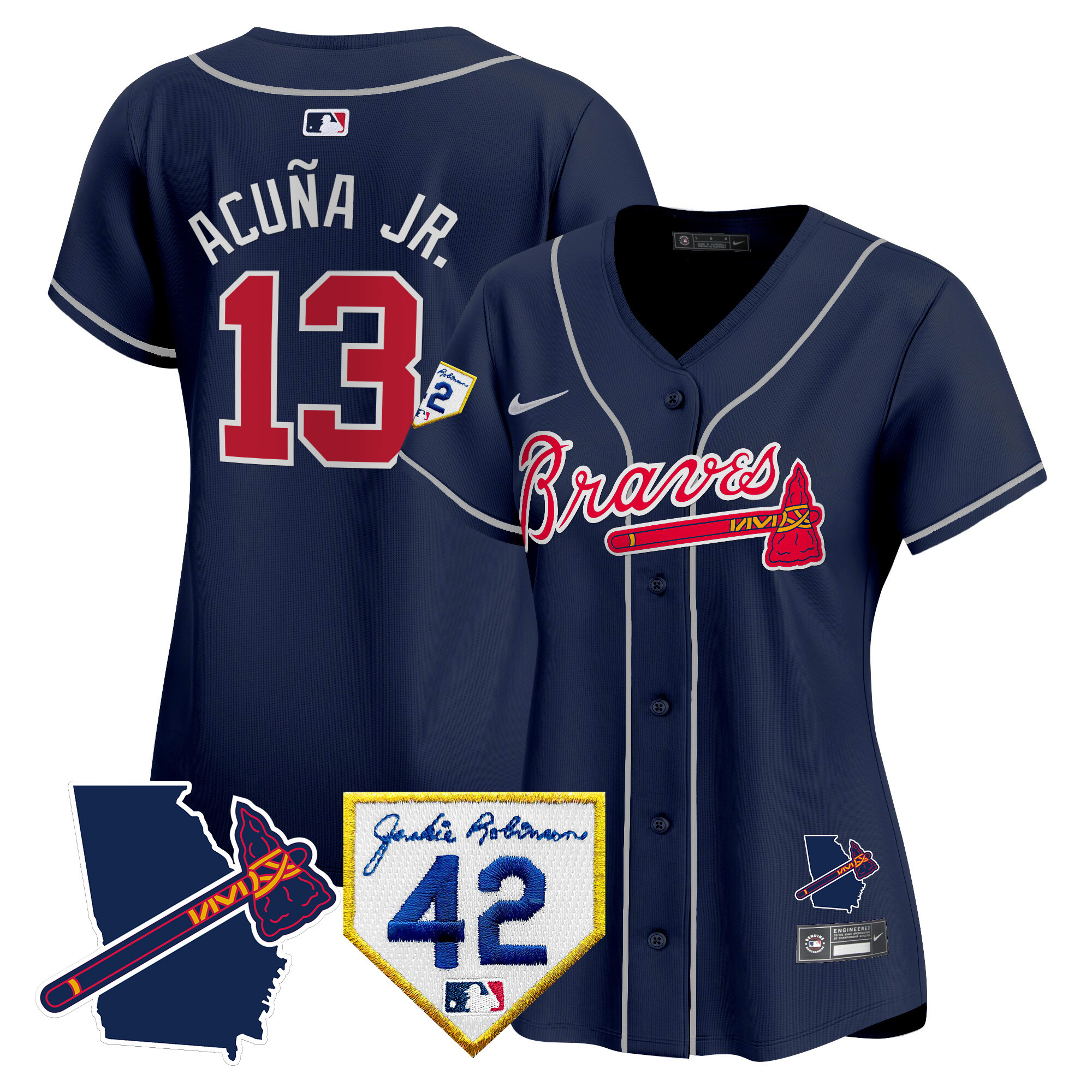 Ronald Acuna Jr. Women's Atlanta Braves 2024 Robinson & Georgia Patch Vapor Premier Limited Navy Jersey - All Stitched