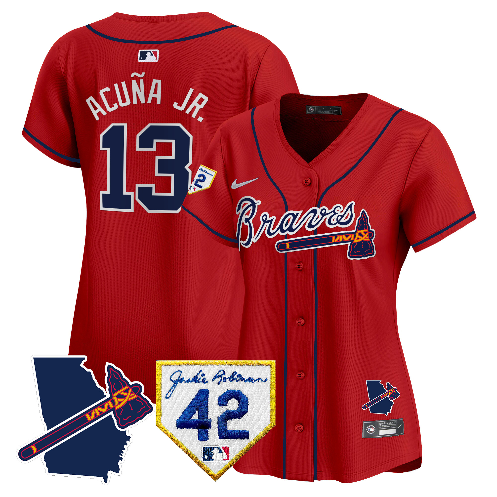Ronald Acuna Jr. Women's Atlanta Braves 2024 Robinson & Georgia Patch Vapor Premier Limited Red Jersey - All Stitched