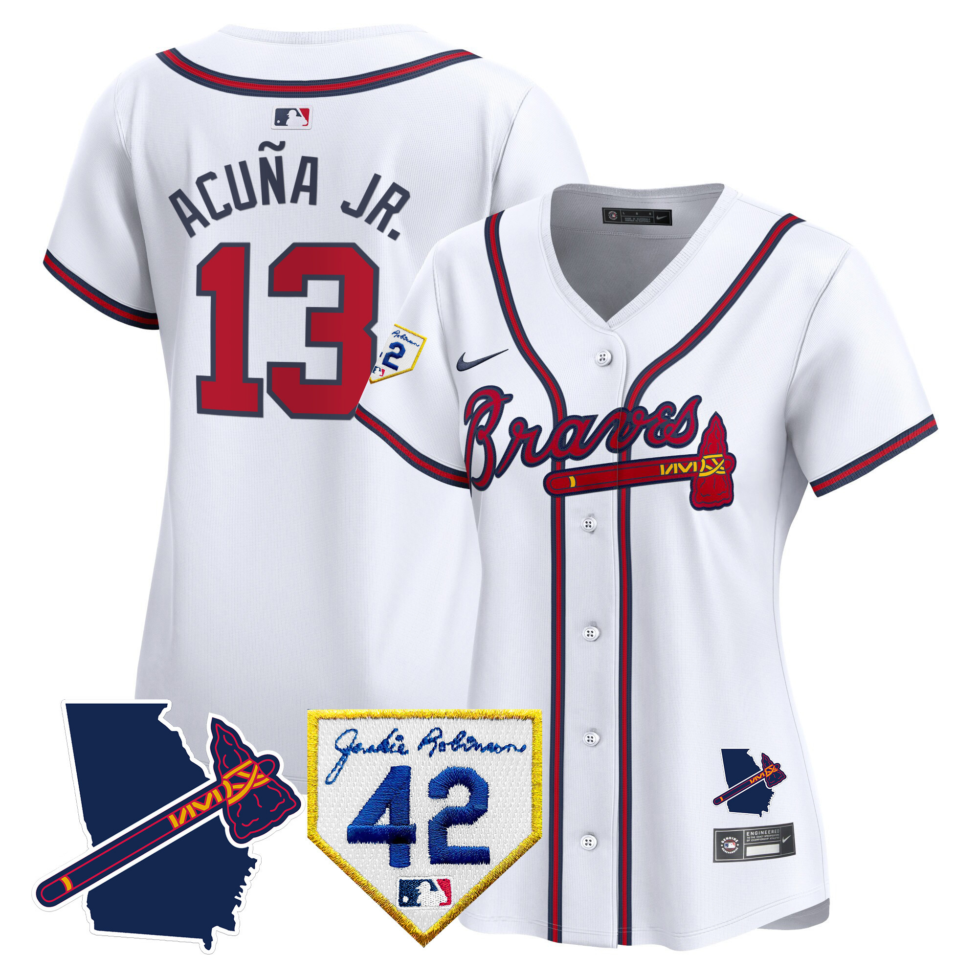 Ronald Acuna Jr. Women's Atlanta Braves 2024 Robinson & Georgia Patch Vapor Premier Limited White Jersey - All Stitched