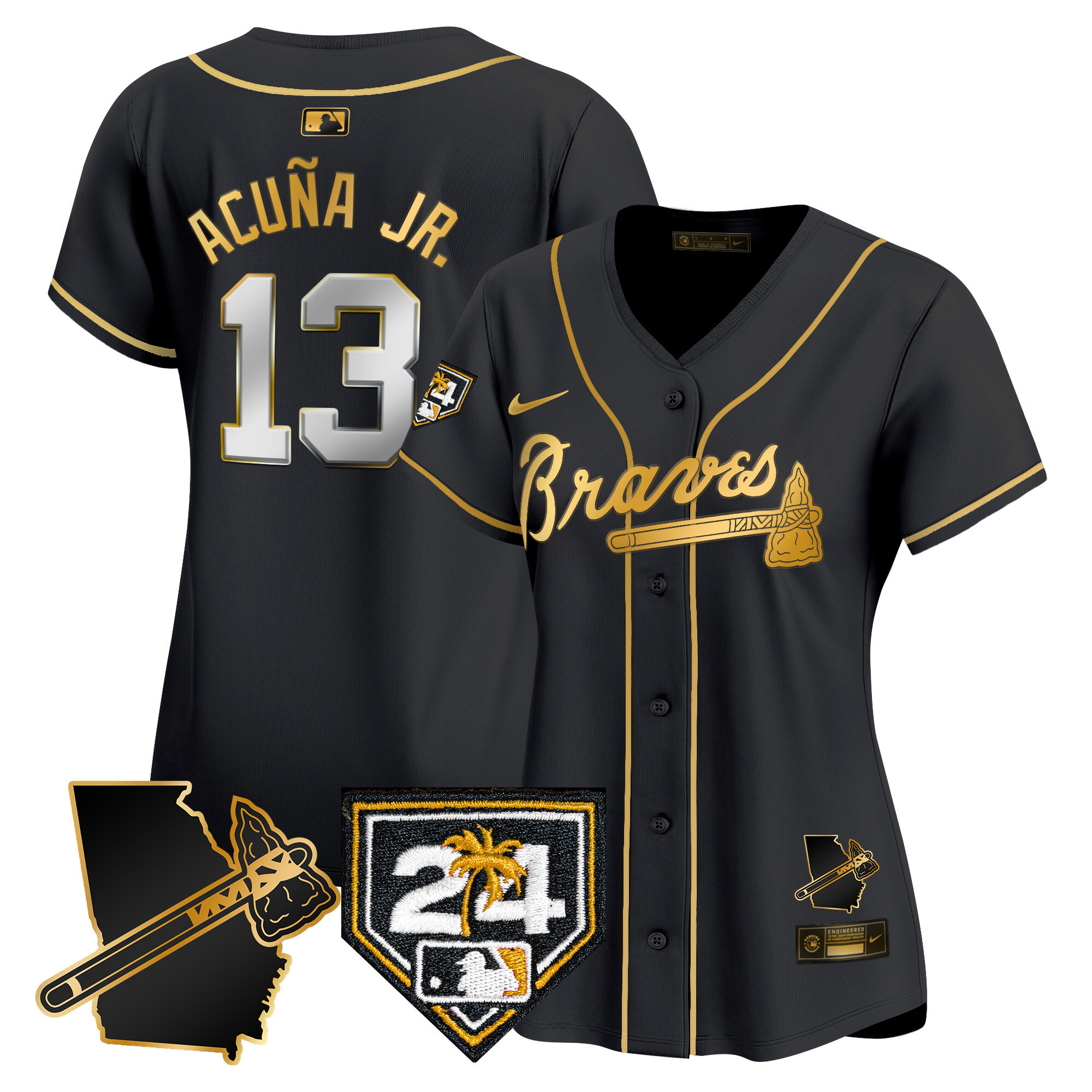 Ronald Acuna Jr. Women's Atlanta Braves 2024 Spring Training & Georgia Patch Vapor Premier Limited Black Gold Jersey - All Stitched