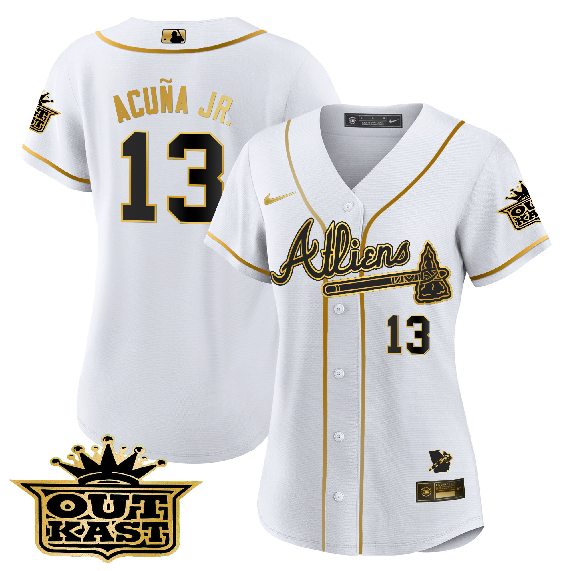 Ronald Acuna Jr. Women's Atlanta Braves Atliens V2 White Gold Jersey - All Stitched