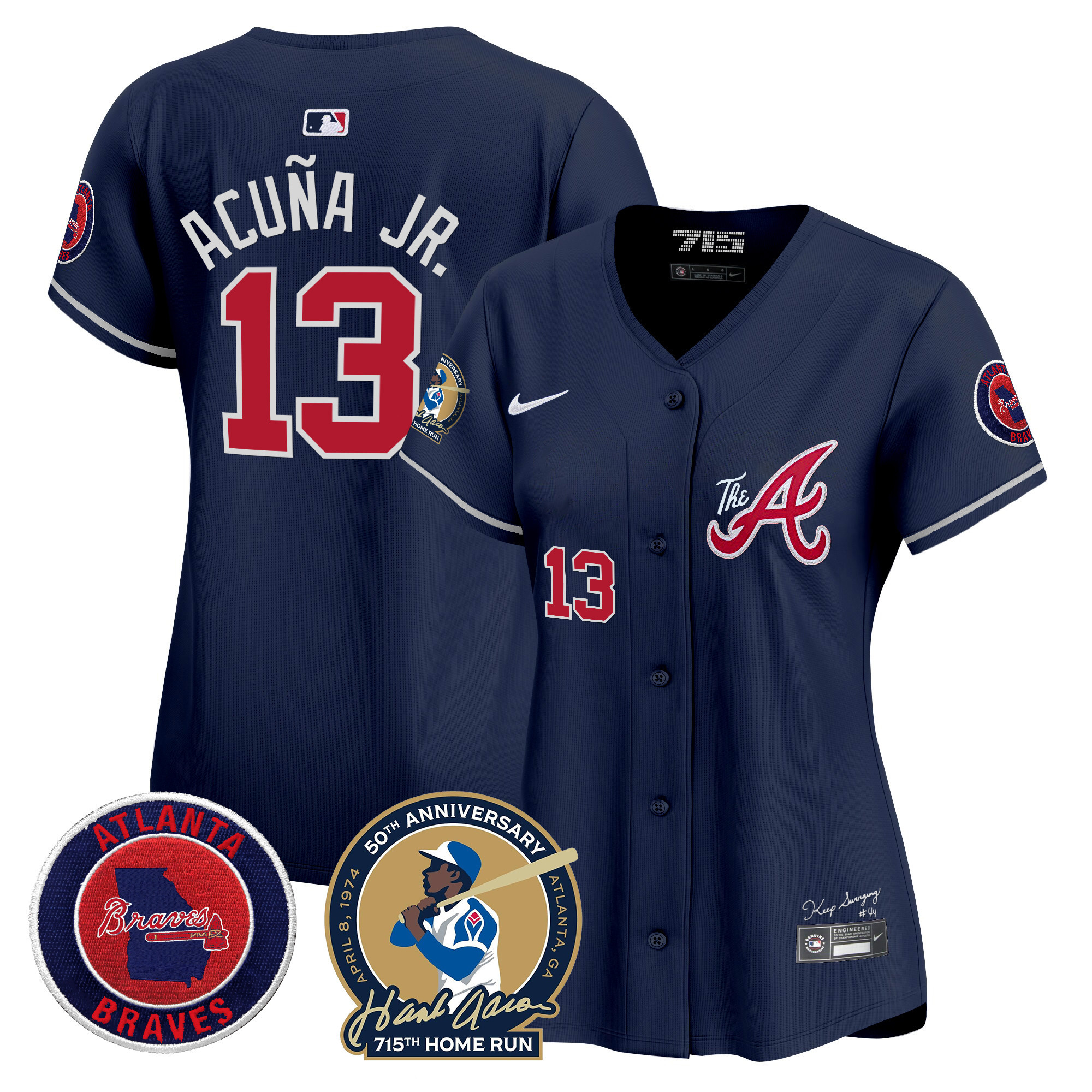 Ronald Acuna Jr. Women's Atlanta Braves Hank Aaron 715th Home Run Patch Vapor Premier Limited V2 Navy Jersey - All Stitched