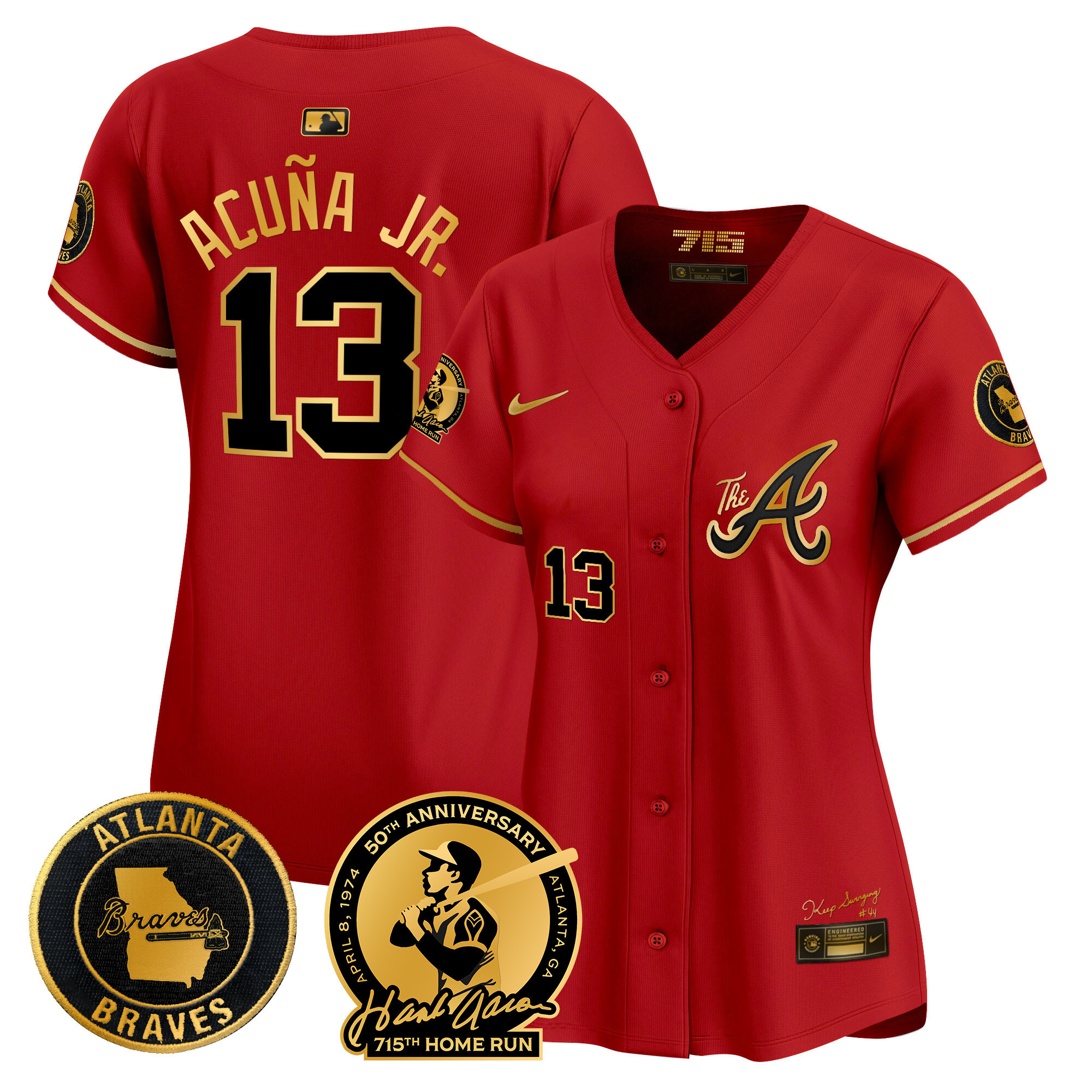 Ronald Acuna Jr. Women's Atlanta Braves Hank Aaron 715th Home Run Patch Vapor Premier Limited V2 Red Gold Jersey - All Stitched