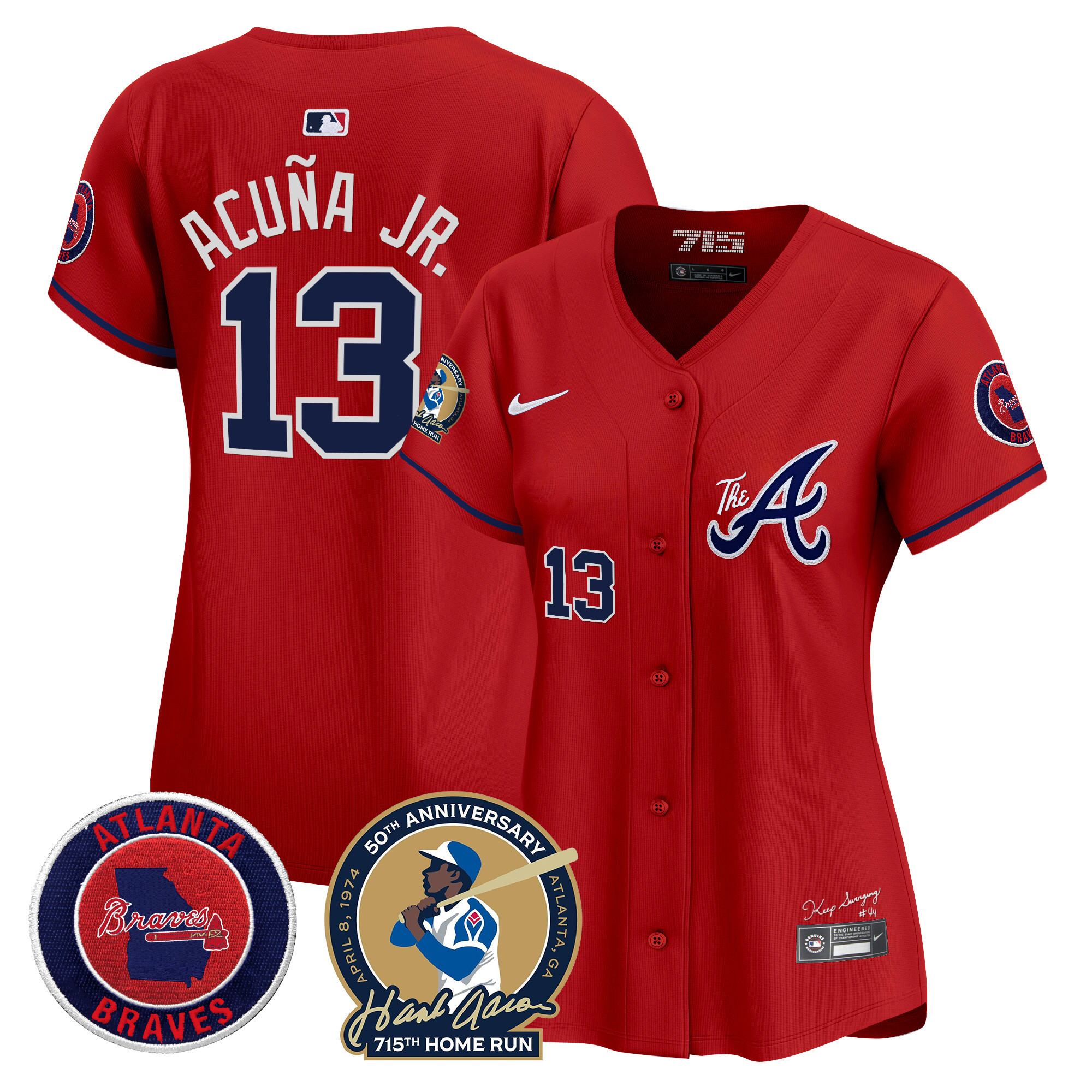 Ronald Acuna Jr. Women's Atlanta Braves Hank Aaron 715th Home Run Patch Vapor Premier Limited V2 Red Jersey - All Stitched