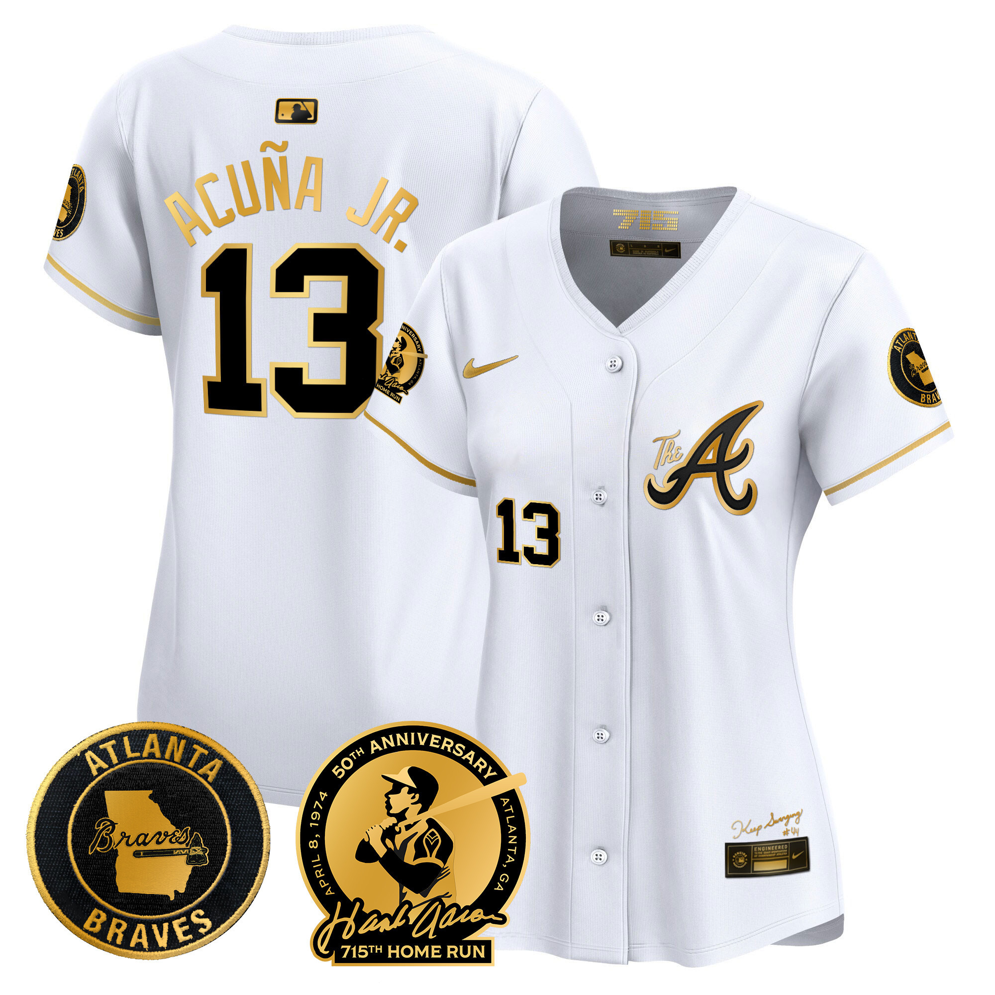 Ronald Acuna Jr. Women's Atlanta Braves Hank Aaron 715th Home Run Patch Vapor Premier Limited V2 White Gold Jersey - All Stitched