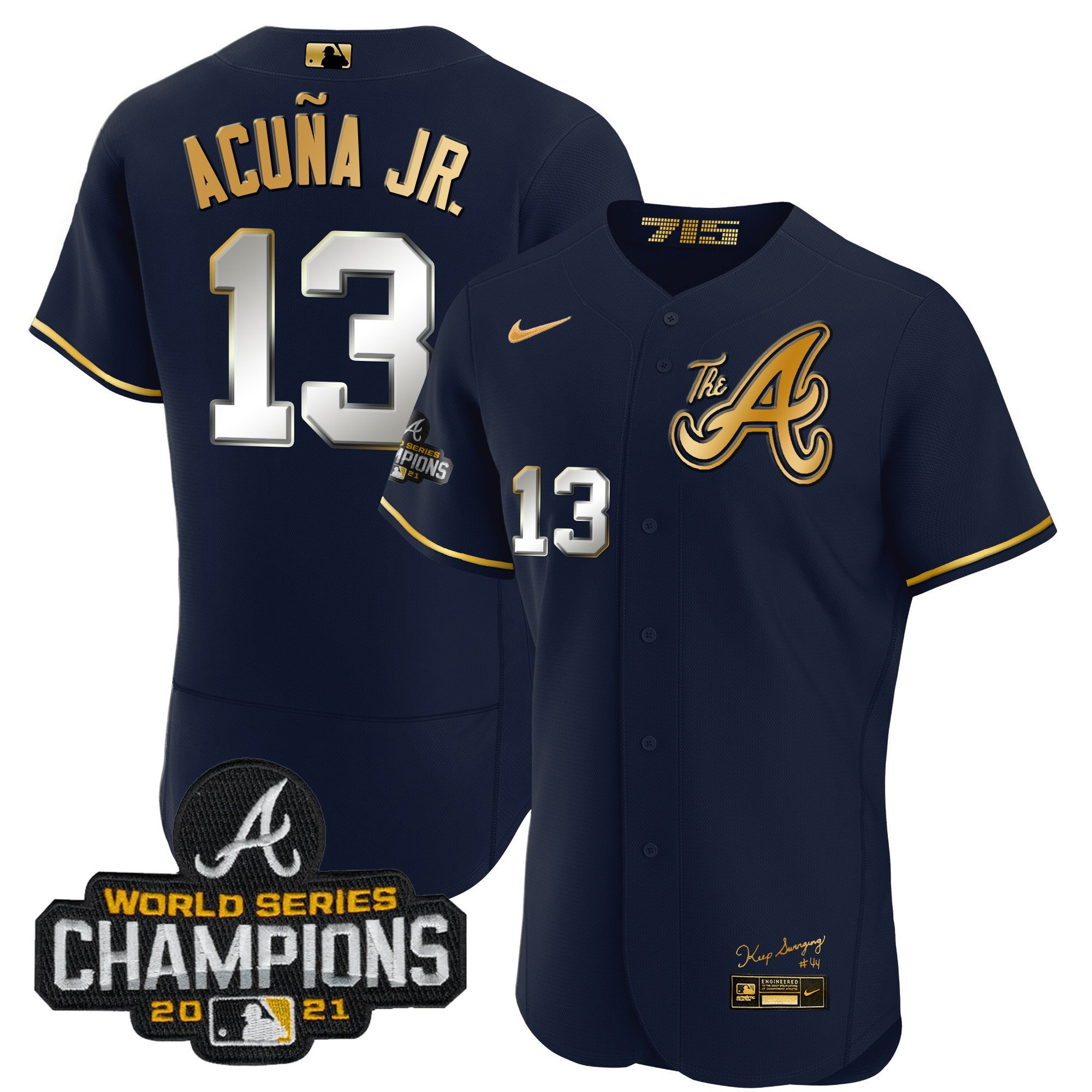 Ronald Acuna Jr. Youth's Atlanta Braves Champions City Connect Gold Flex Base Navy Gold Jersey - All Stitched