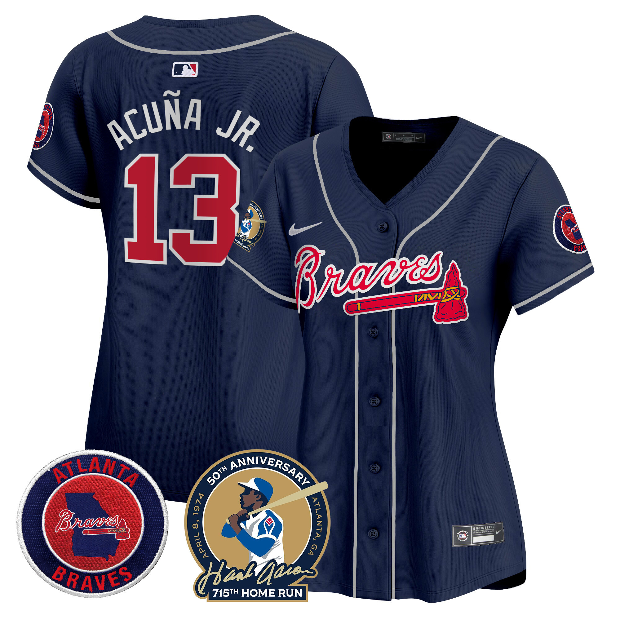 Ronald Acuna Jr Women's Atlanta Braves Hank Aaron 715th Home Run Patch Vapor Premier Limited Navy Jersey - All Stitched