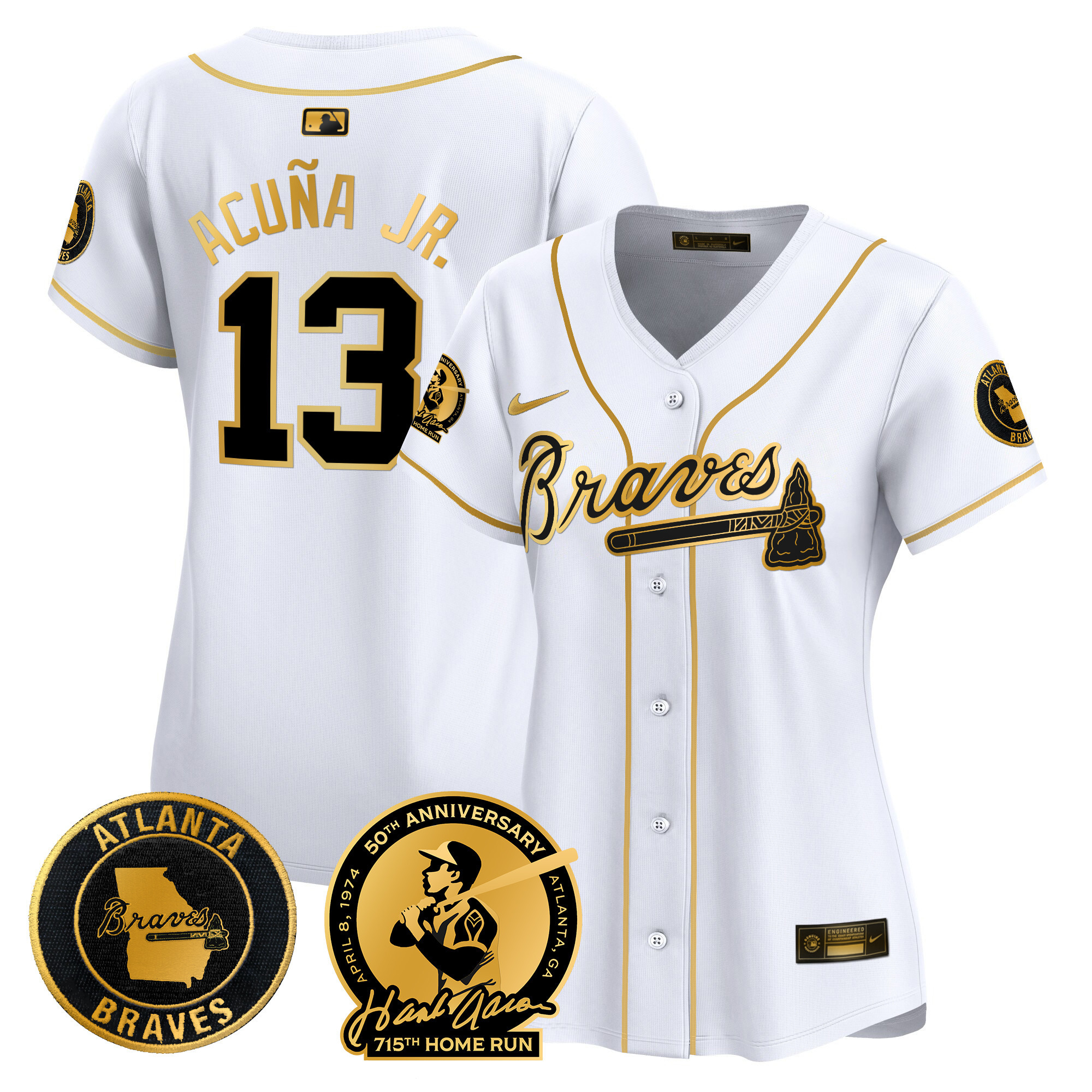 Ronald Acuna Jr Women's Atlanta Braves Hank Aaron 715th Home Run Patch Vapor Premier Limited White Gold Jersey - All Stitched