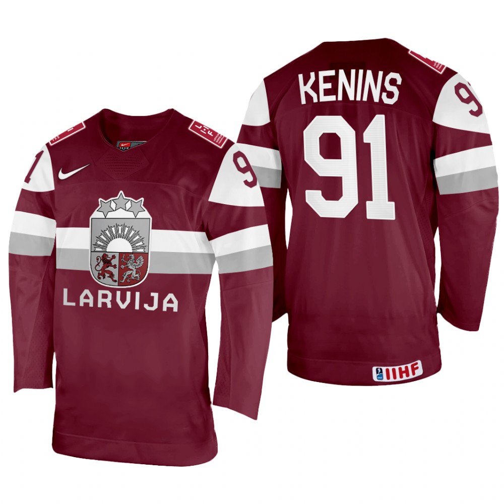 Ronalds Kenins Latvia Maroon Away Jersey 2022 IIHF World Championship