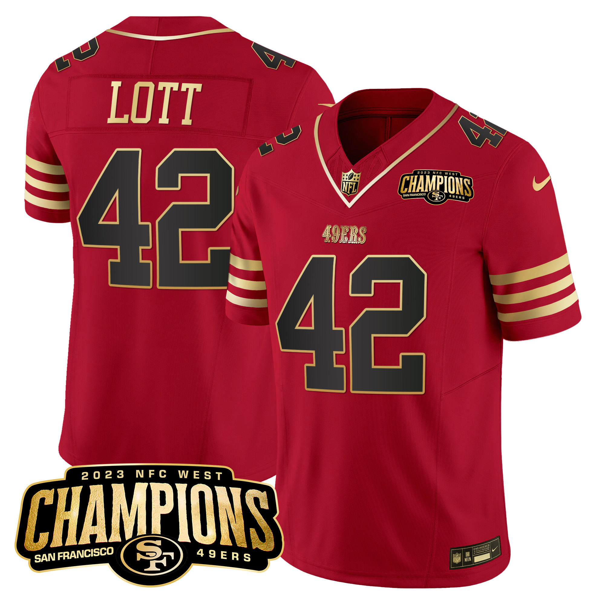 Ronnie Lott Men's San Francisco 49ers 2023 NFC West Champions Patch Vapor Black Scarlet Jersey - All Stitched 