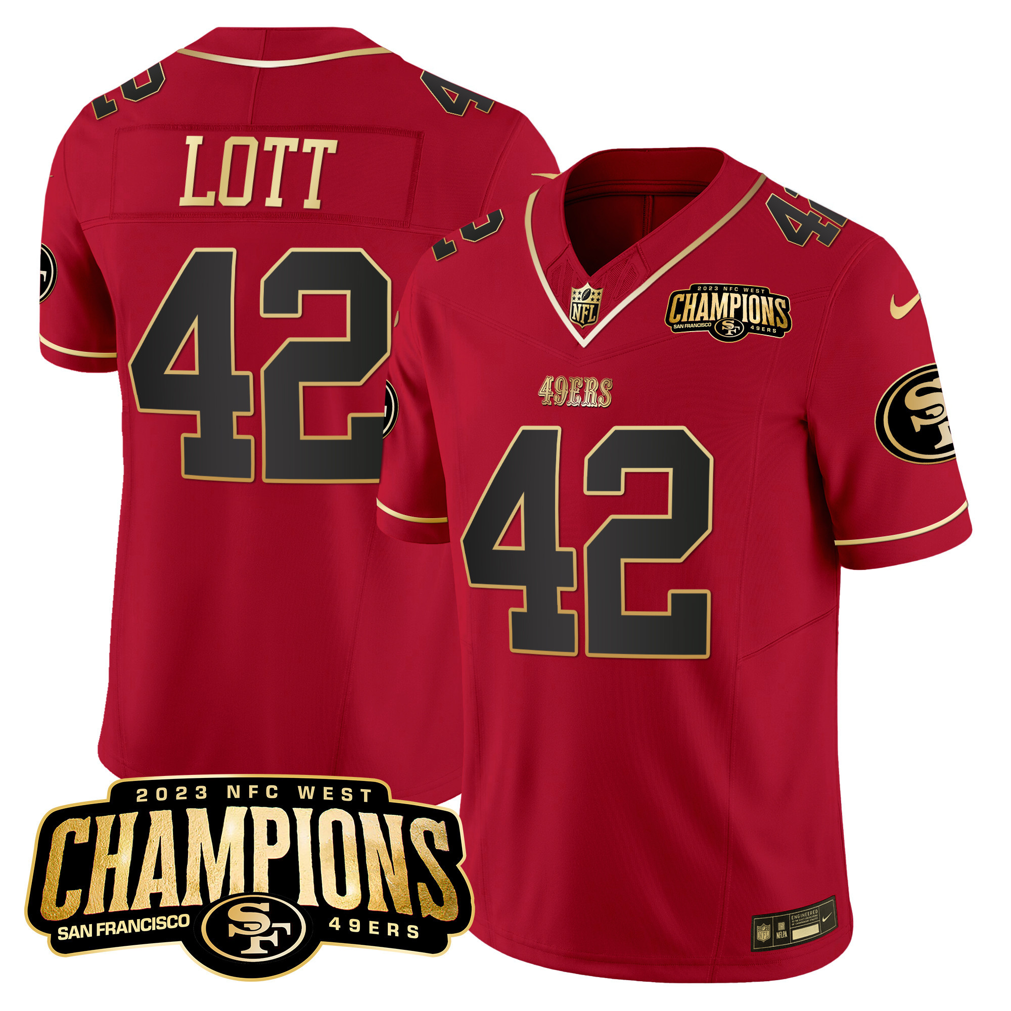 Ronnie Lott Men's San Francisco 49ers 2023 NFC West Champions Patch Vapor Scarlet Limited Jersey - All Stitched 