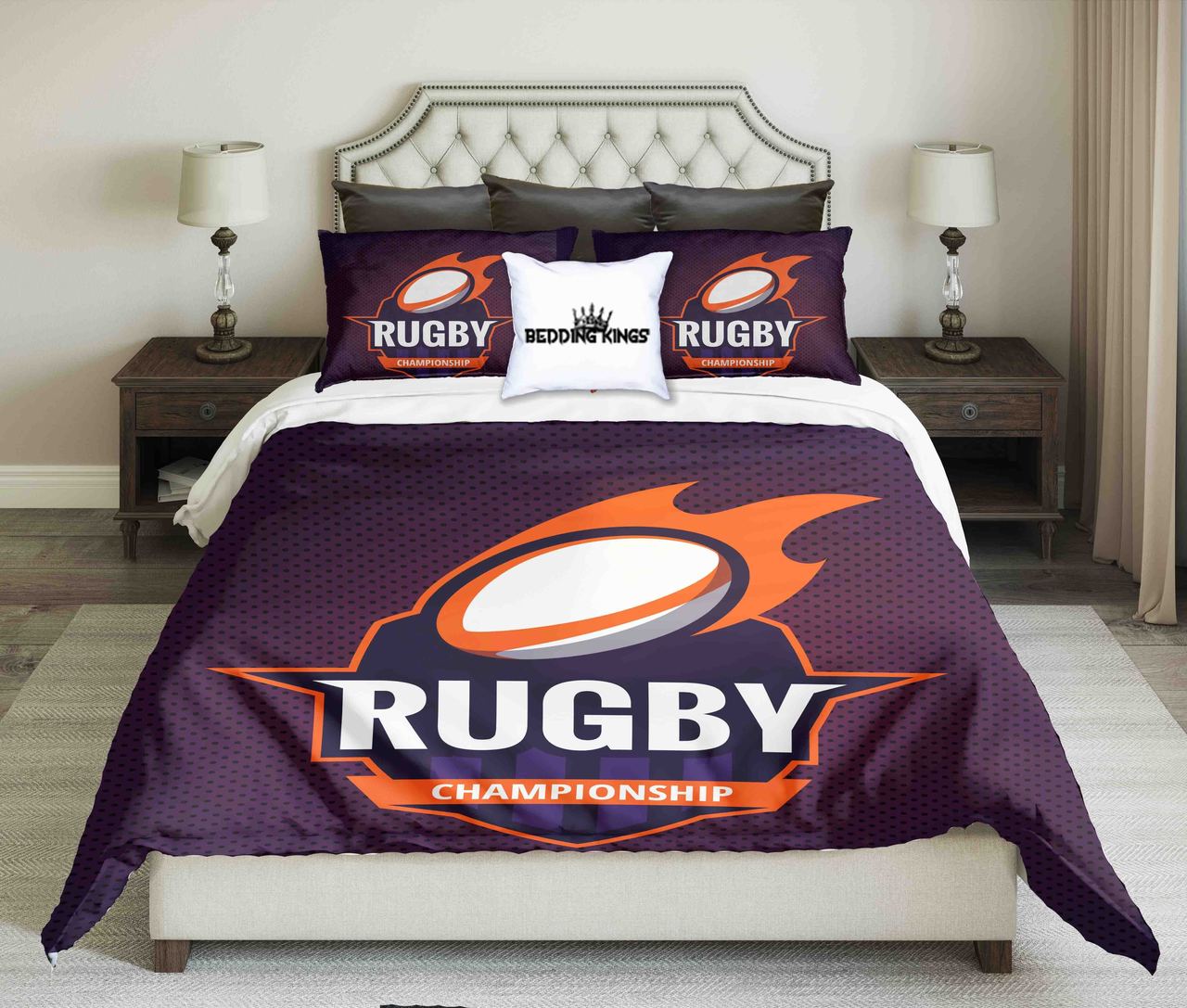 Rugby Ball On Orange Purple Background Design Kings 3D Customized Duvet Cover Bedding Set