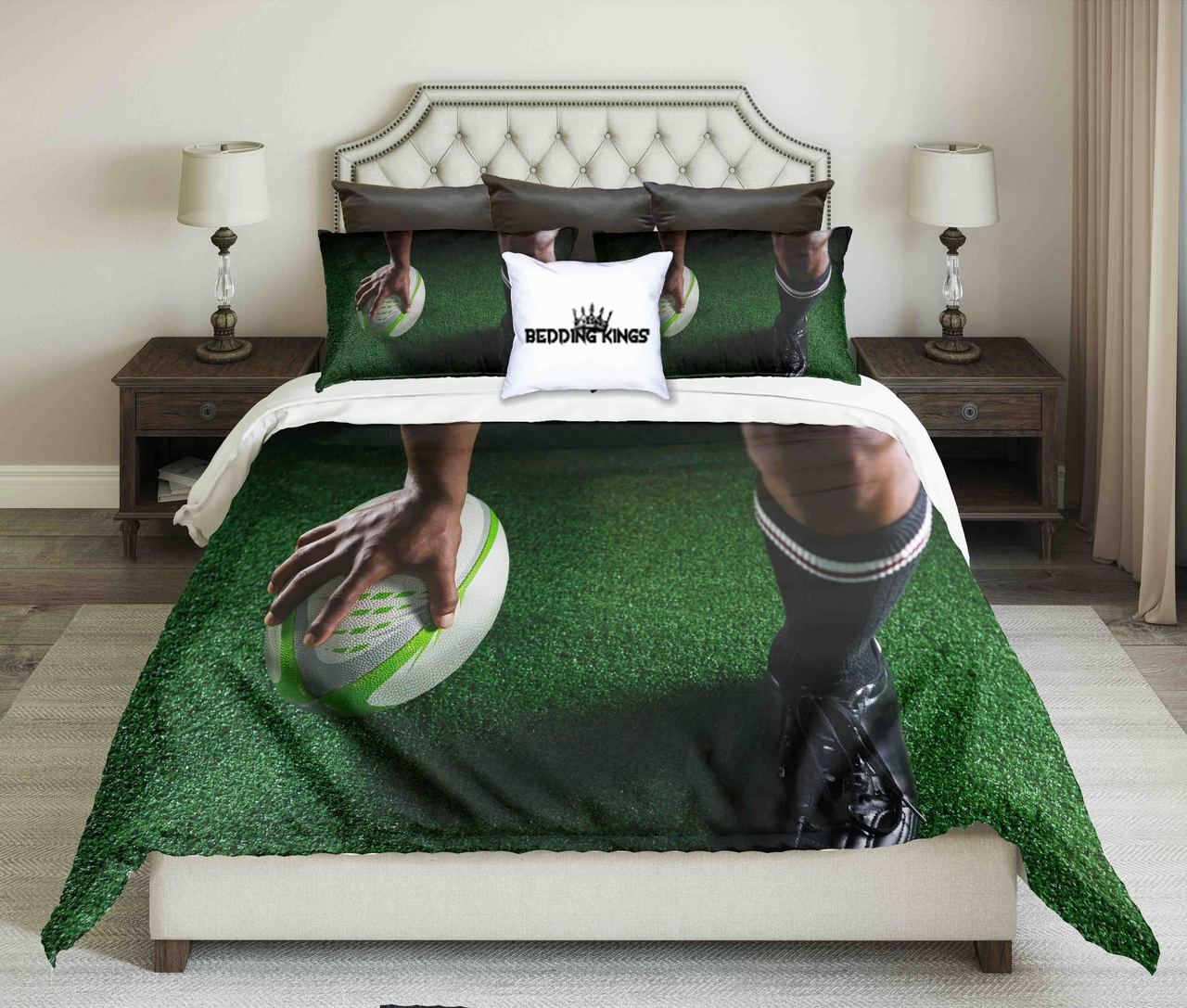 Rugby Player Design On Grass Background Kings 3D Customized Duvet Cover Bedding Set