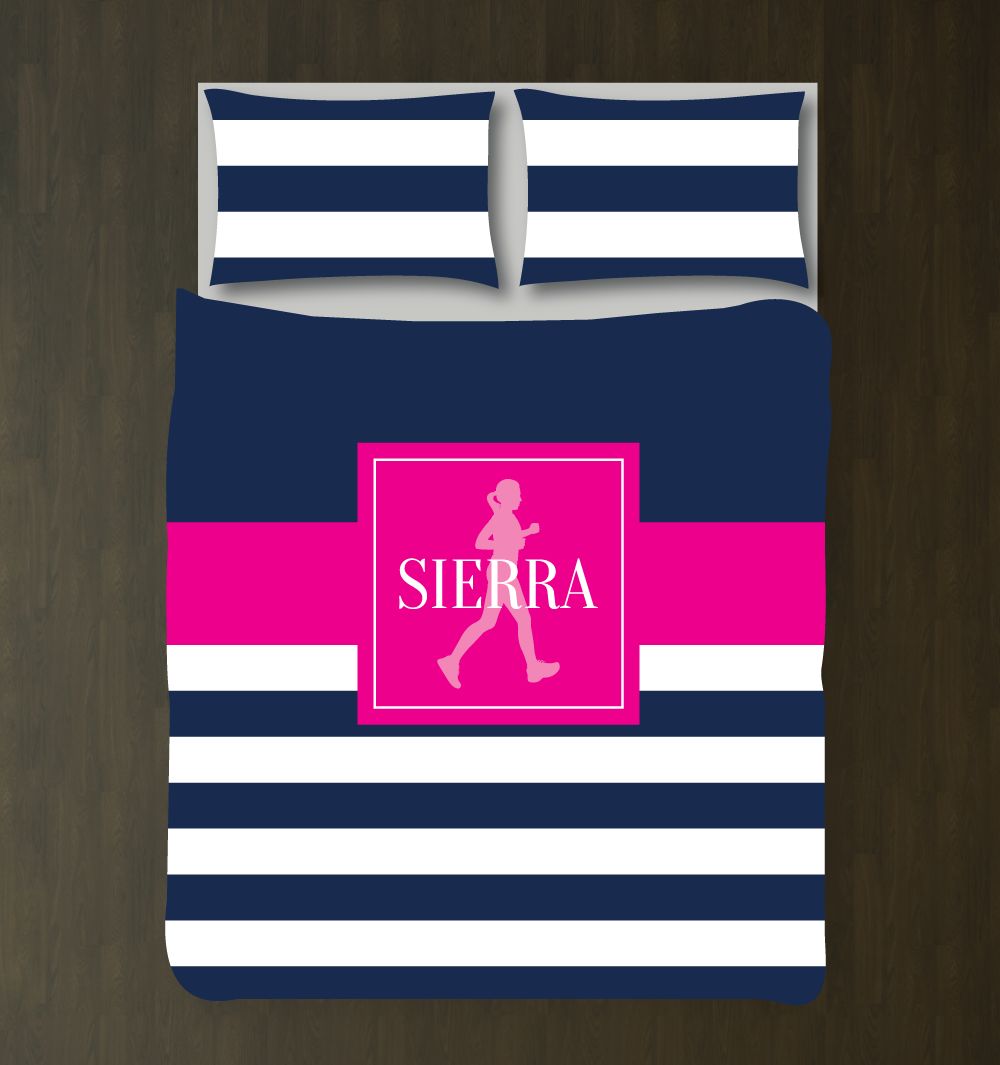 Running Themed For Girls Rugby Stripes Customized Navy, Hot Pink, White Duvet Cover Bedding Set