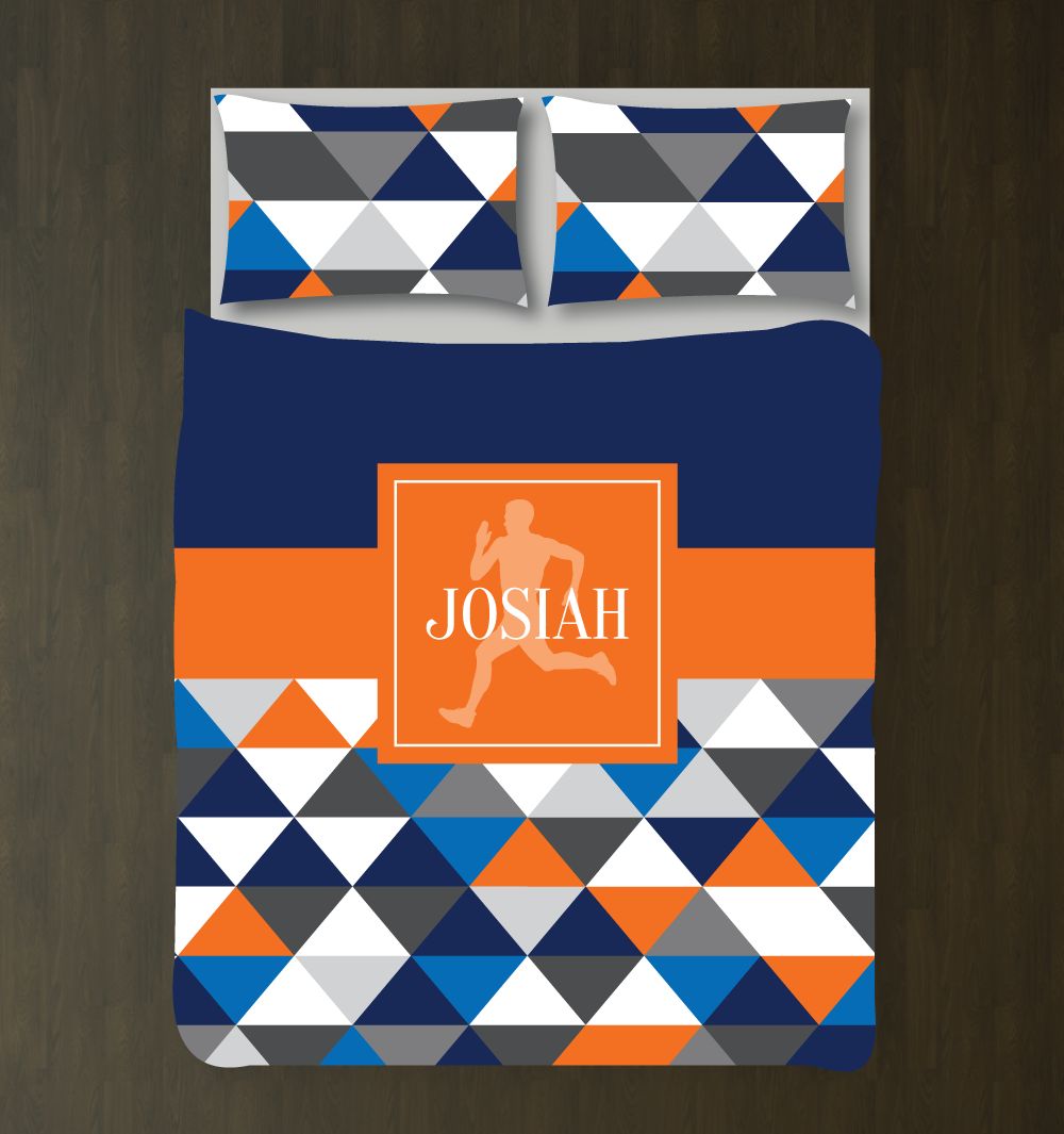 Running Themed Triangle Pattern For Boys Customized Greys, Navy, Dazzling Blue, Carrot Orange, White Duvet Cover Bedding Set