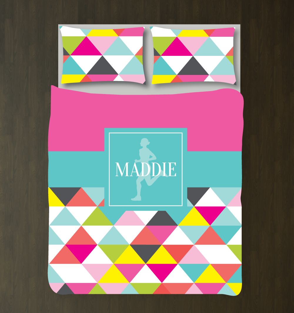 Running Themed Triangle Pattern For Girls Customized Pink, Pool, Bright Chartreuse, Yellow, White Duvet Cover Bedding Set