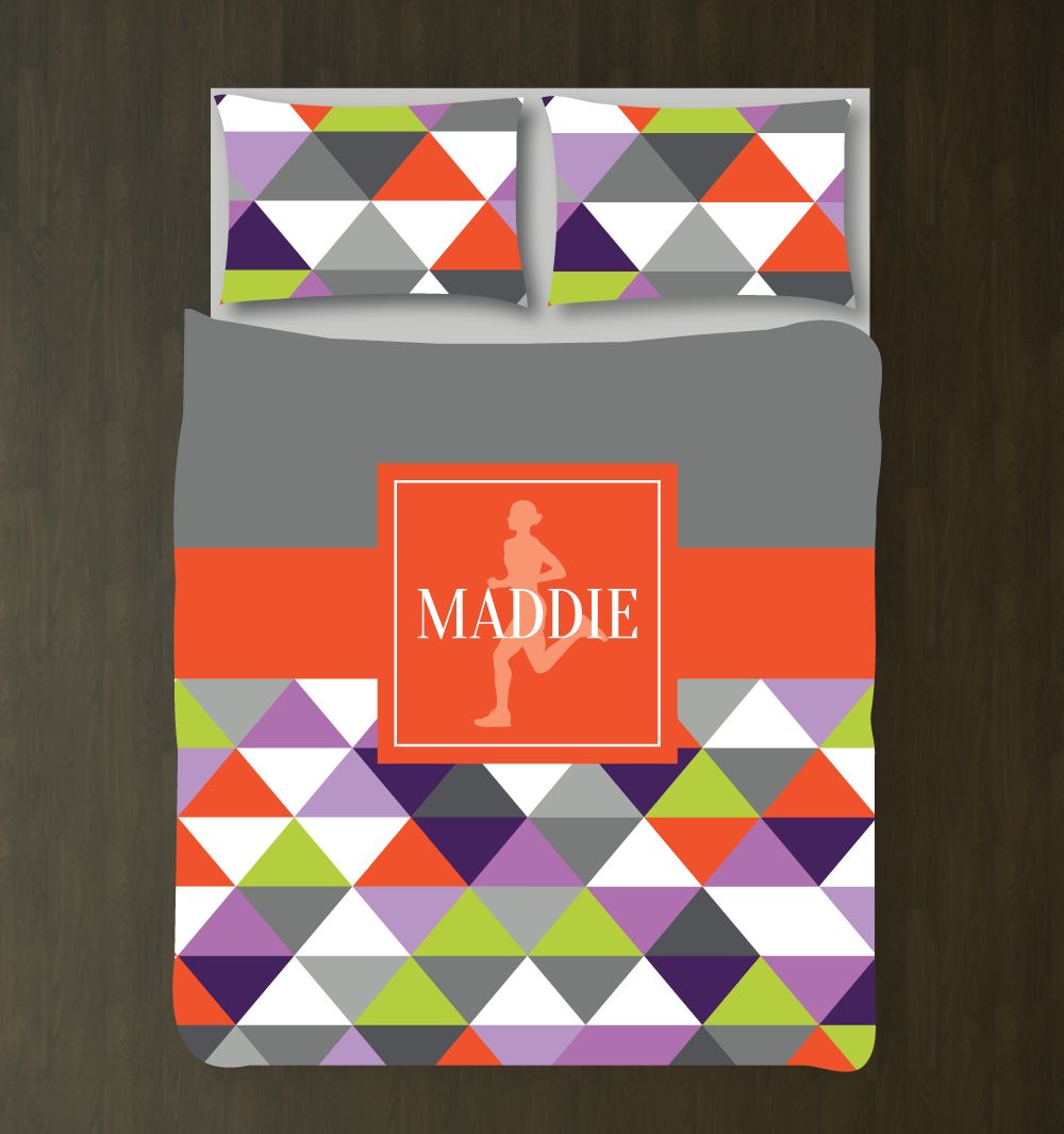 Running Themed Triangle Pattern For Girls Customized Purples, Greys, Bright Chartreuse, Tangerine Tango, White Duvet Cover Bedding Set