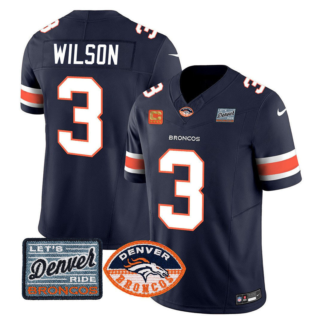 Russell Wilson Men's Denver Broncos Logo Patch Limited Navy Jersey - All Stitched 
