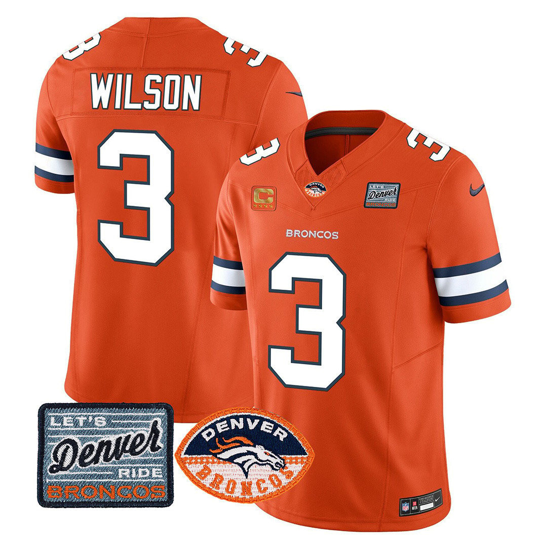 Russell Wilson Men's Denver Broncos Logo Patch Limited Orange Jersey - All Stitched 