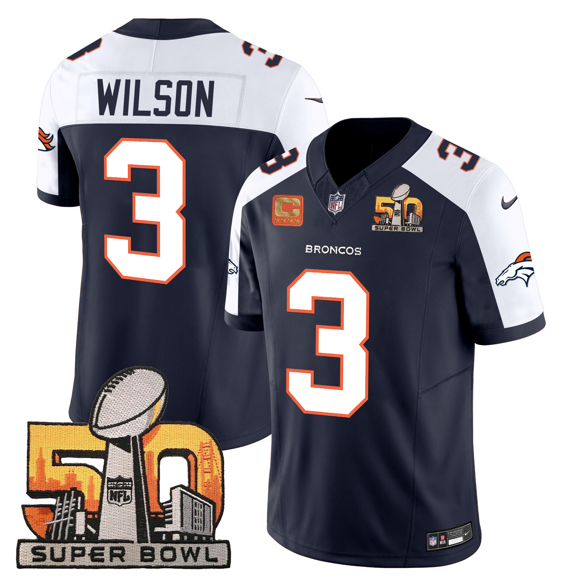 Russell Wilson Men's Denver Broncos Super Bowl 50 Patch Vapor Navy Alternate Jersey - All Stitched 