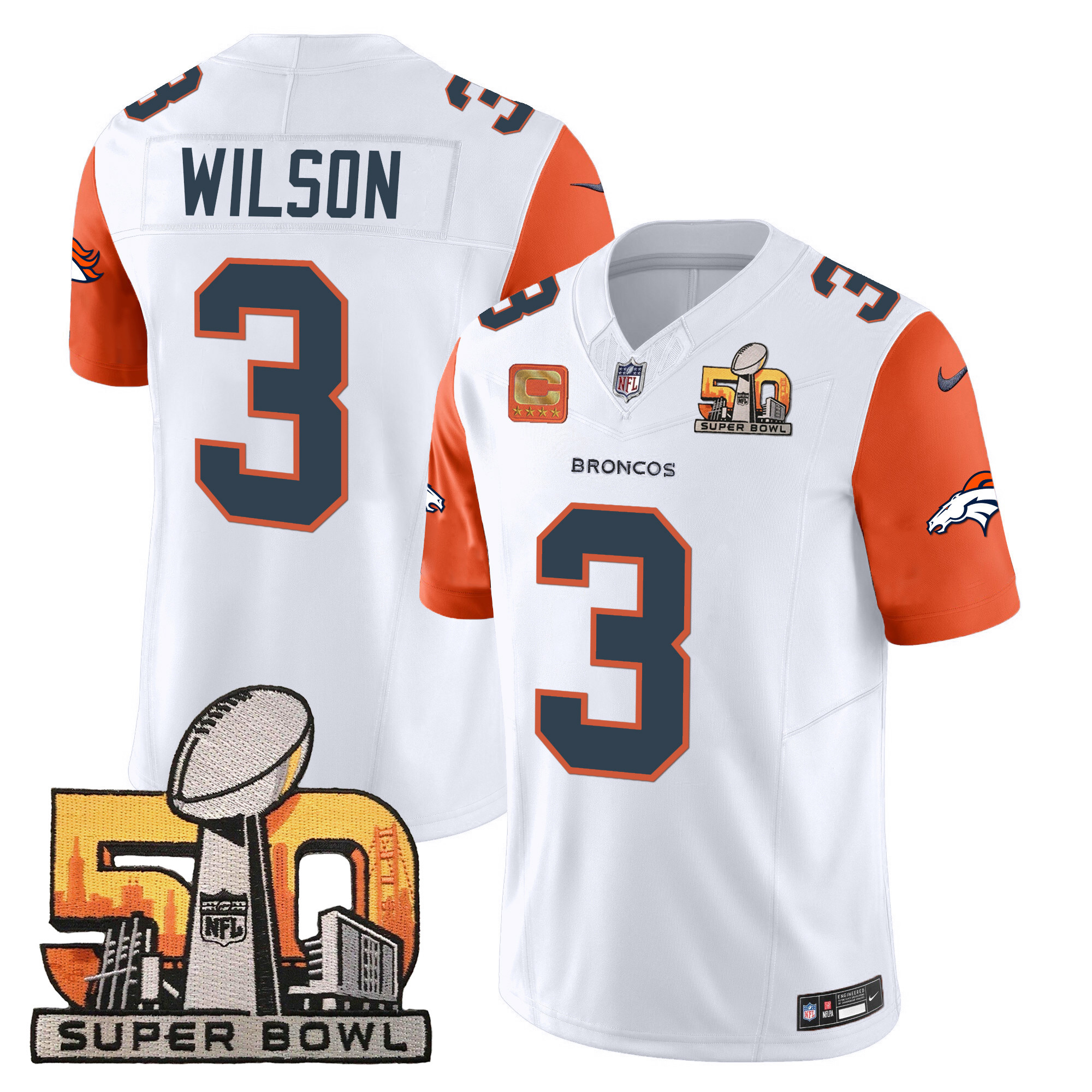 Russell Wilson Men's Denver Broncos Super Bowl 50 Patch Vapor Orange Sleeves Jersey - All Stitched 
