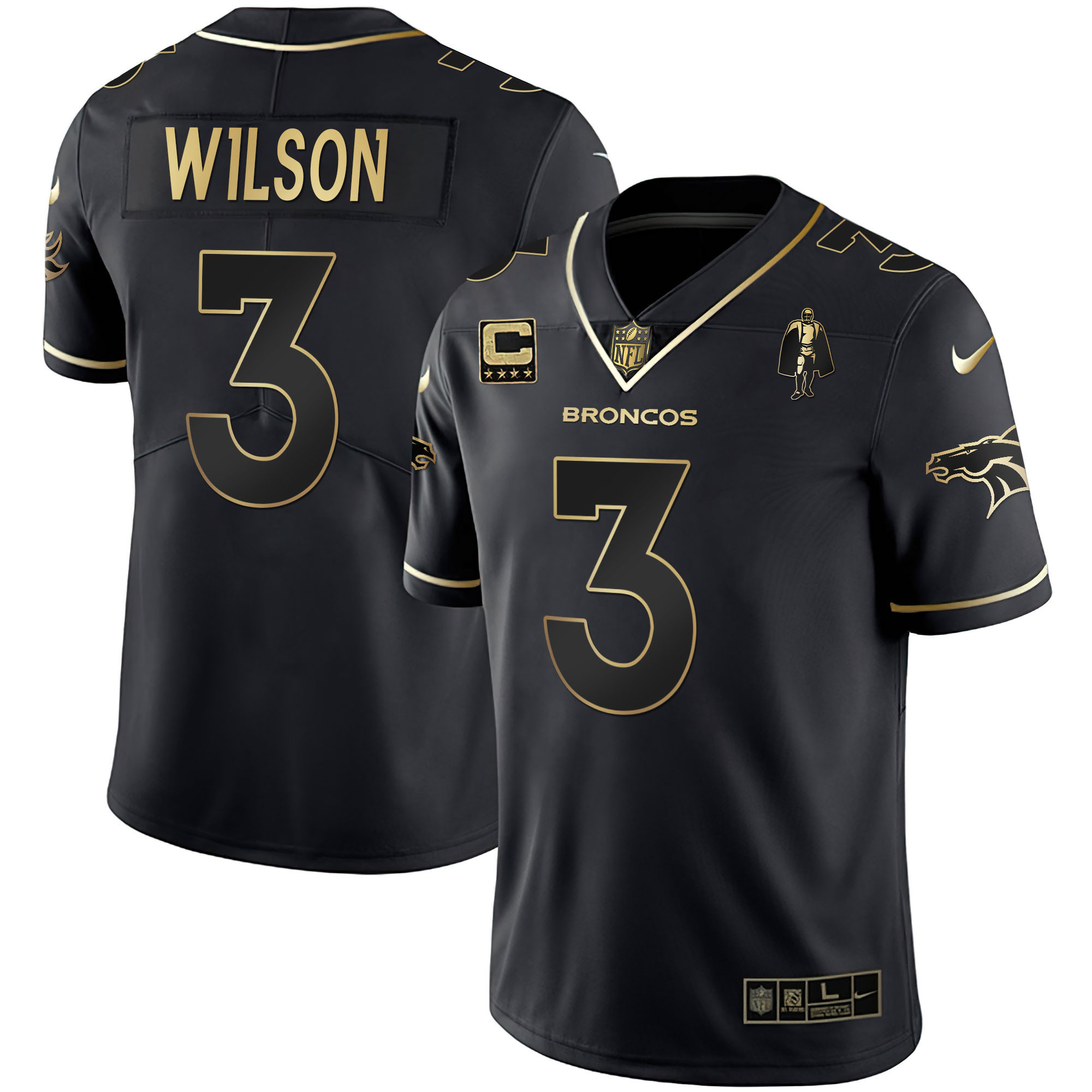 Russell Wilson Men's Denver Broncos White Gold and Black Gold Black Gold Jersey - All Stitched 