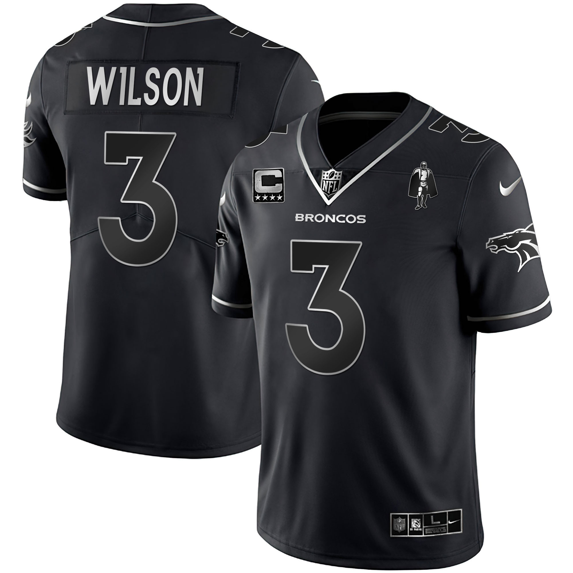 Russell Wilson Men's Denver Broncos White Gold and Black Gold Black Silver Jersey - All Stitched 
