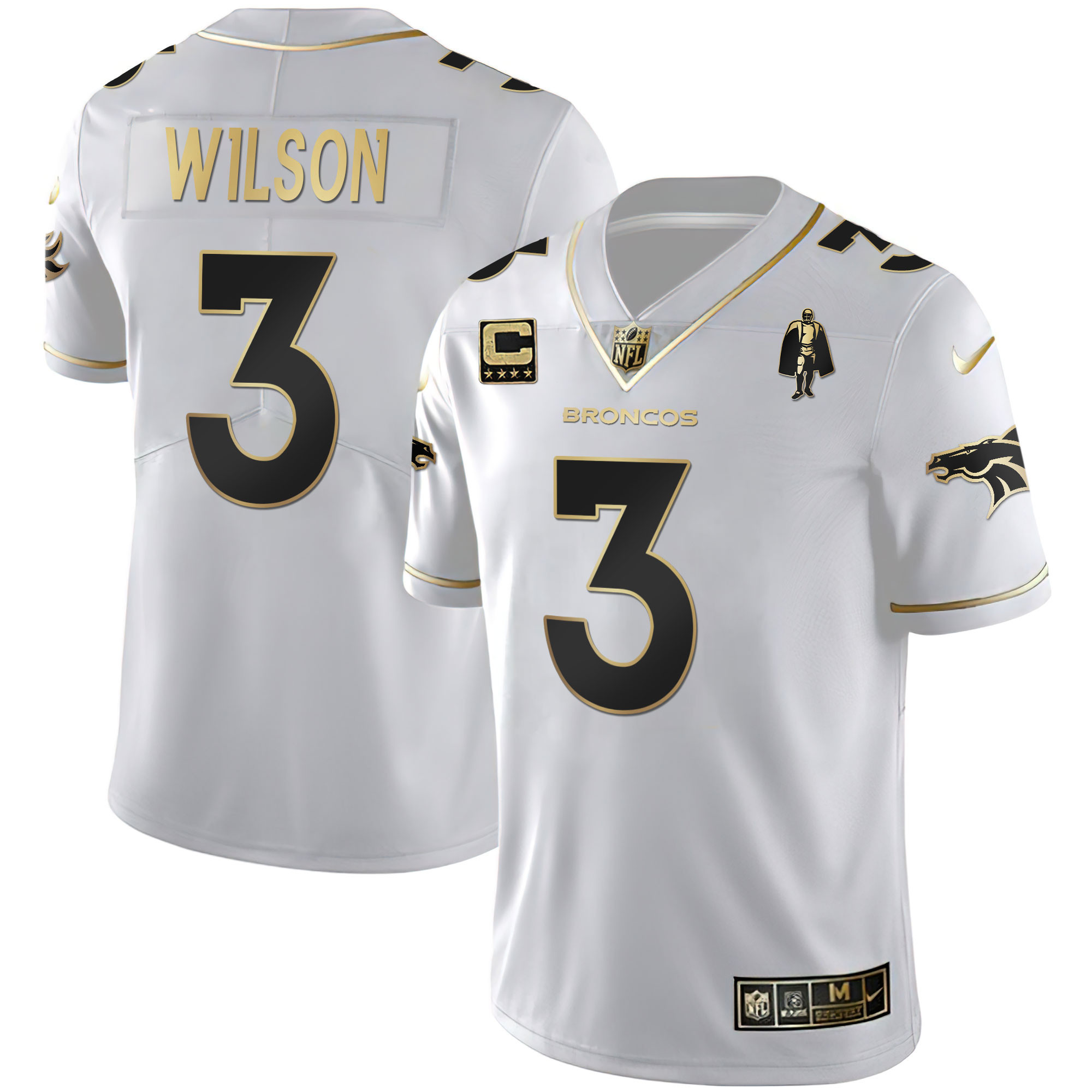 Russell Wilson Men's Denver Broncos White Gold and Black Gold White Gold Jersey - All Stitched 