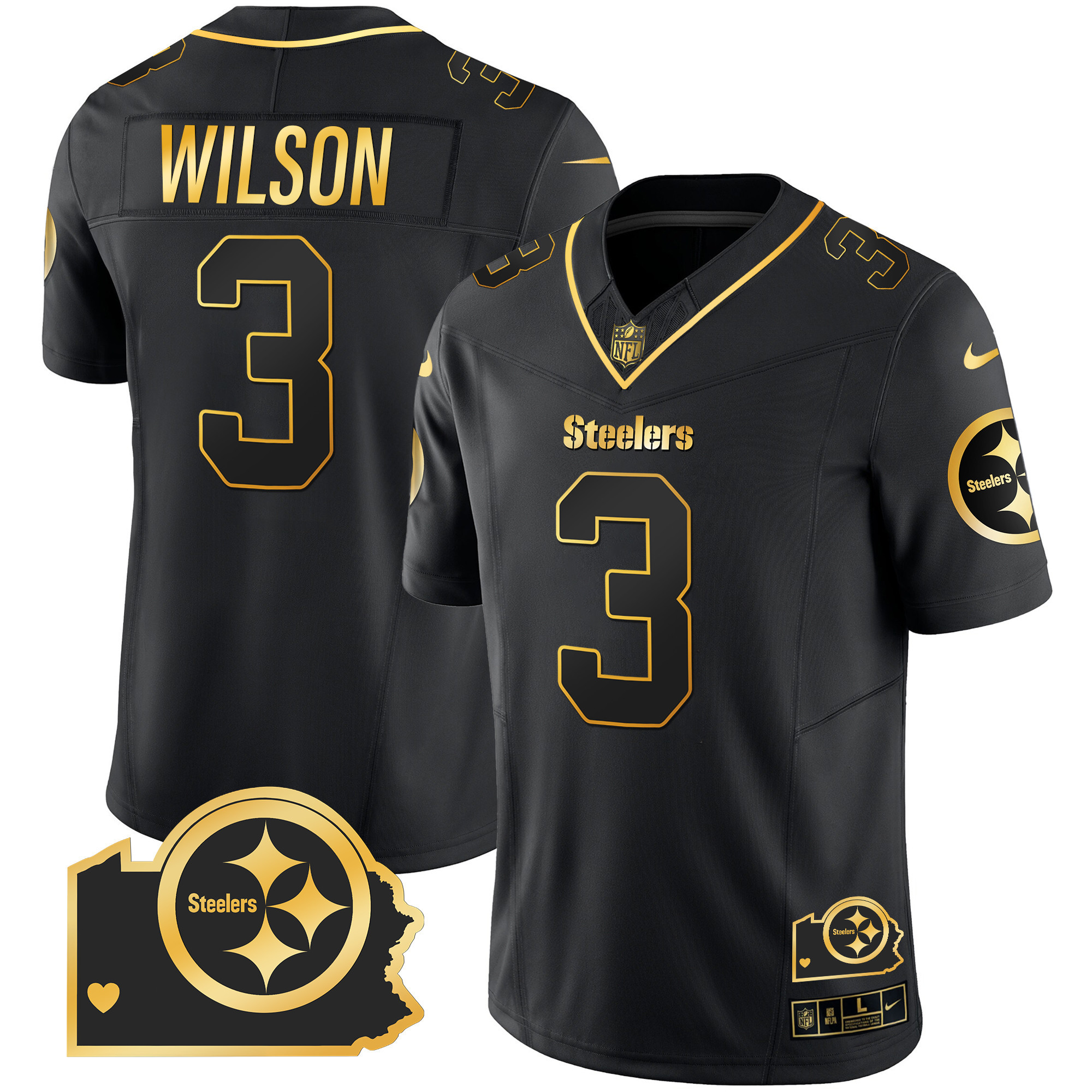 Russell Wilson Men's Pittsburgh Steelers Home Patch Gold Vapor Black Gold Jersey - All Stitched
